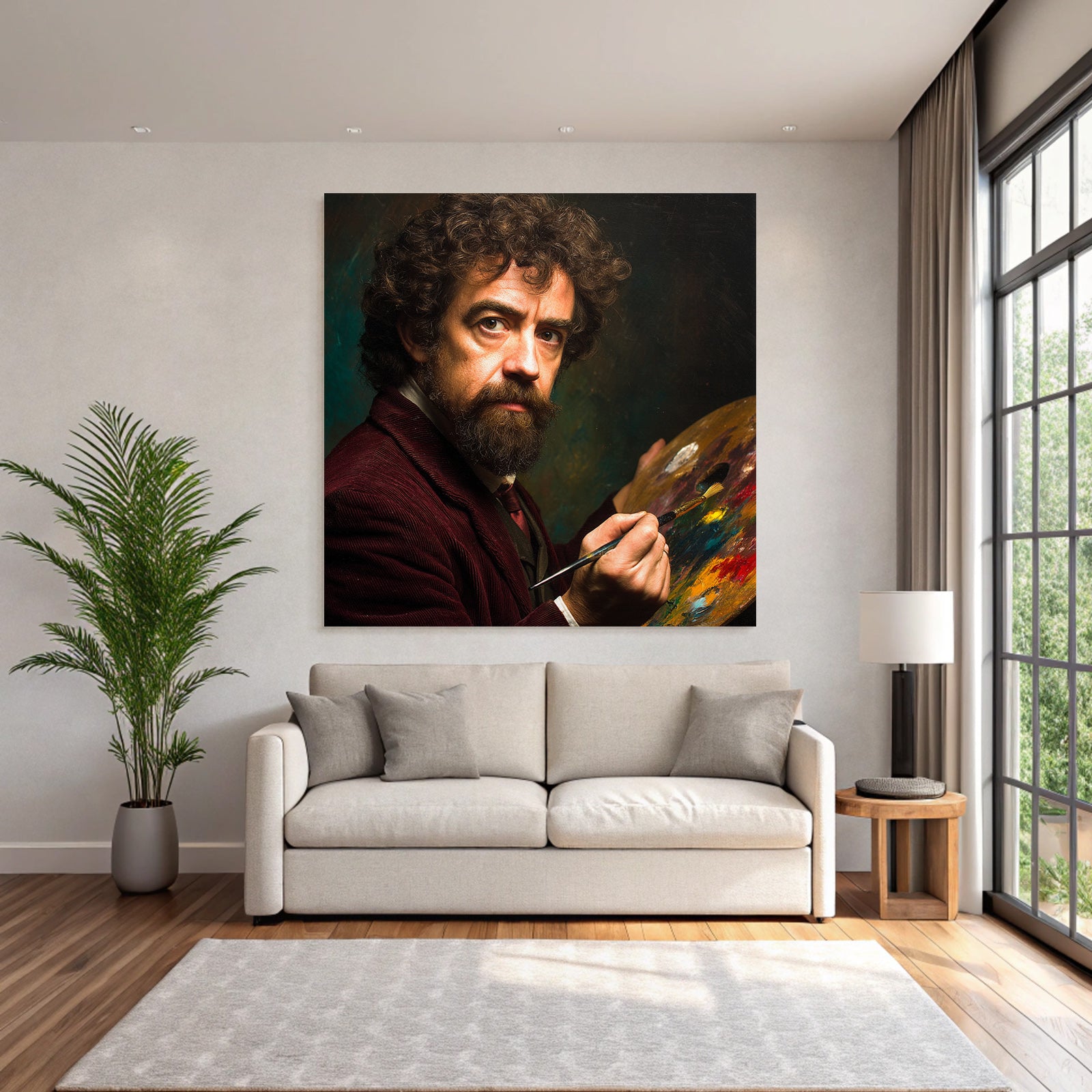 Man with curly hair and beard with paint palette and brush