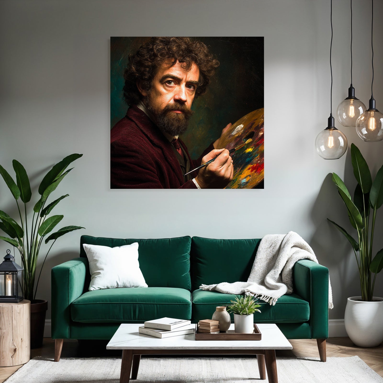 Man with curly hair and beard with paint palette and brush