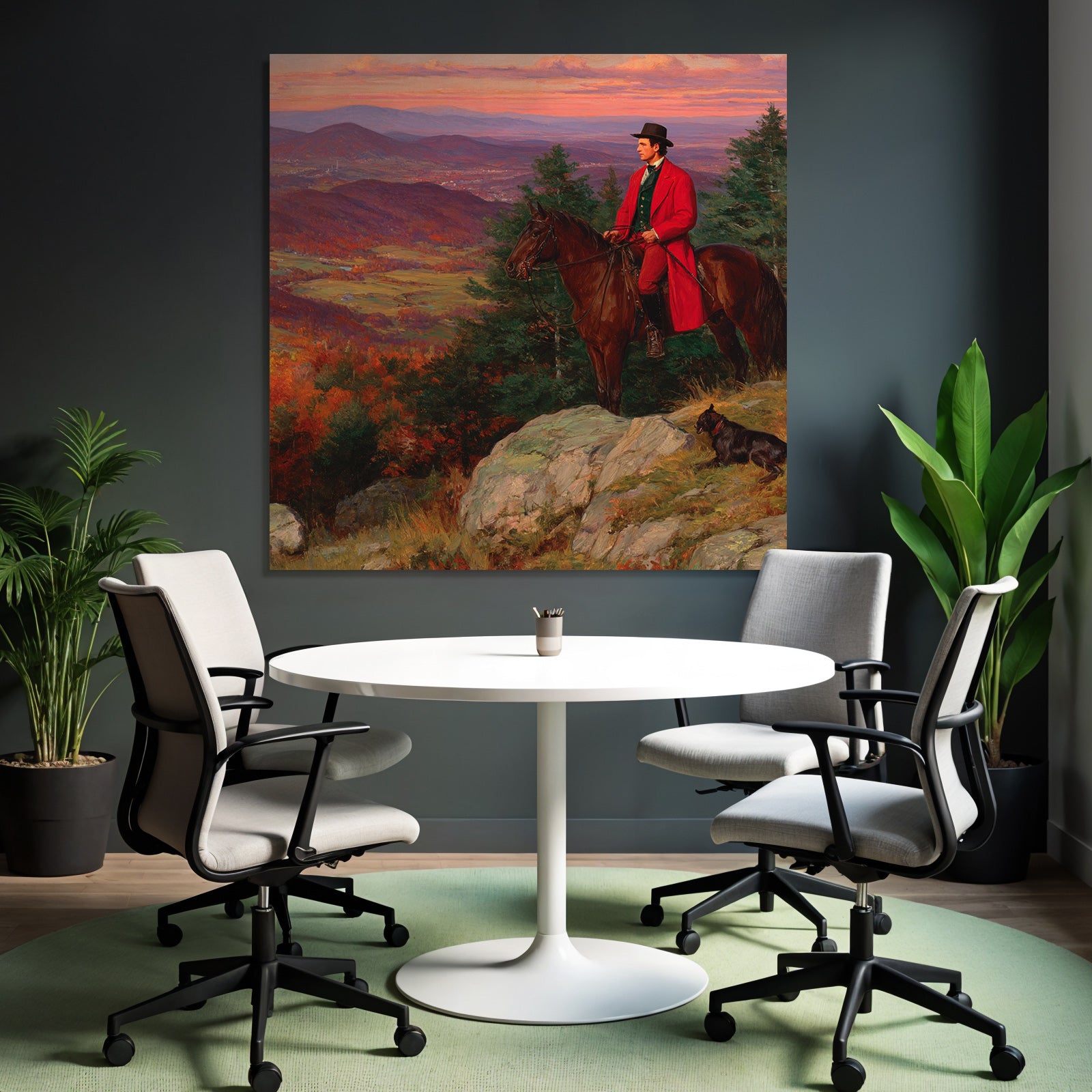 Man on Horseback Red Coat Dog Autumn Landscape Sunset