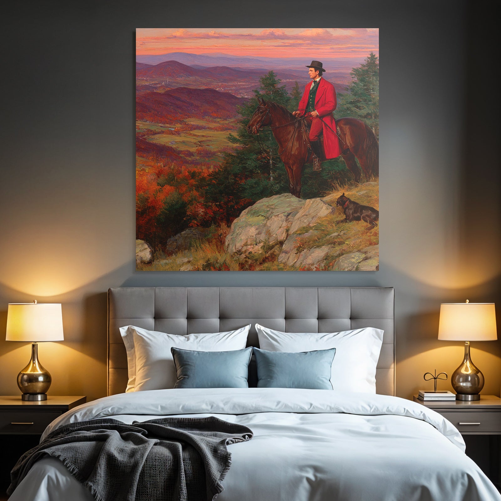 Man on Horseback Red Coat Dog Autumn Landscape Sunset
