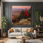 Man on Horseback Red Coat Dog Autumn Landscape Sunset