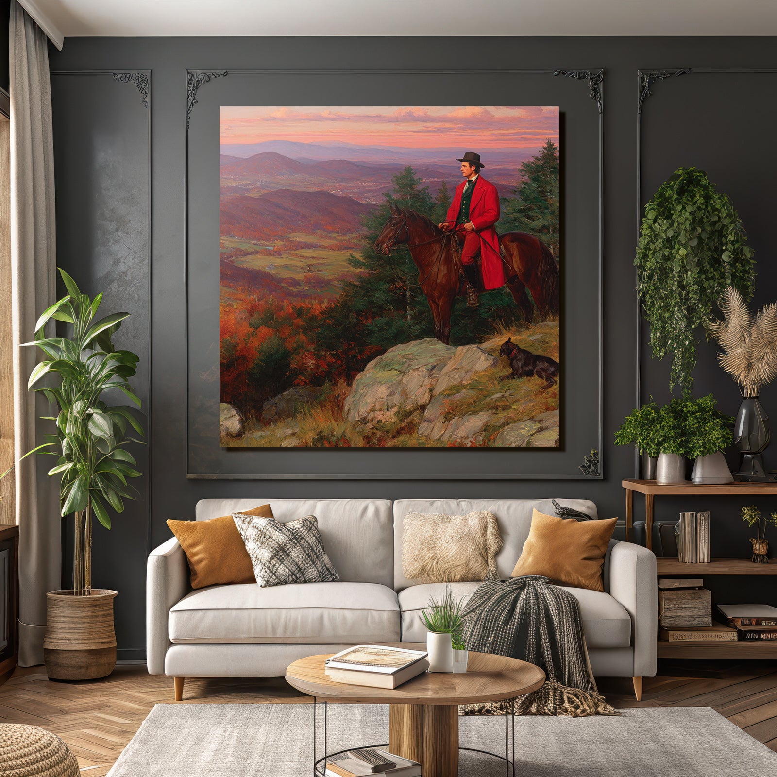 Man on Horseback Red Coat Dog Autumn Landscape Sunset