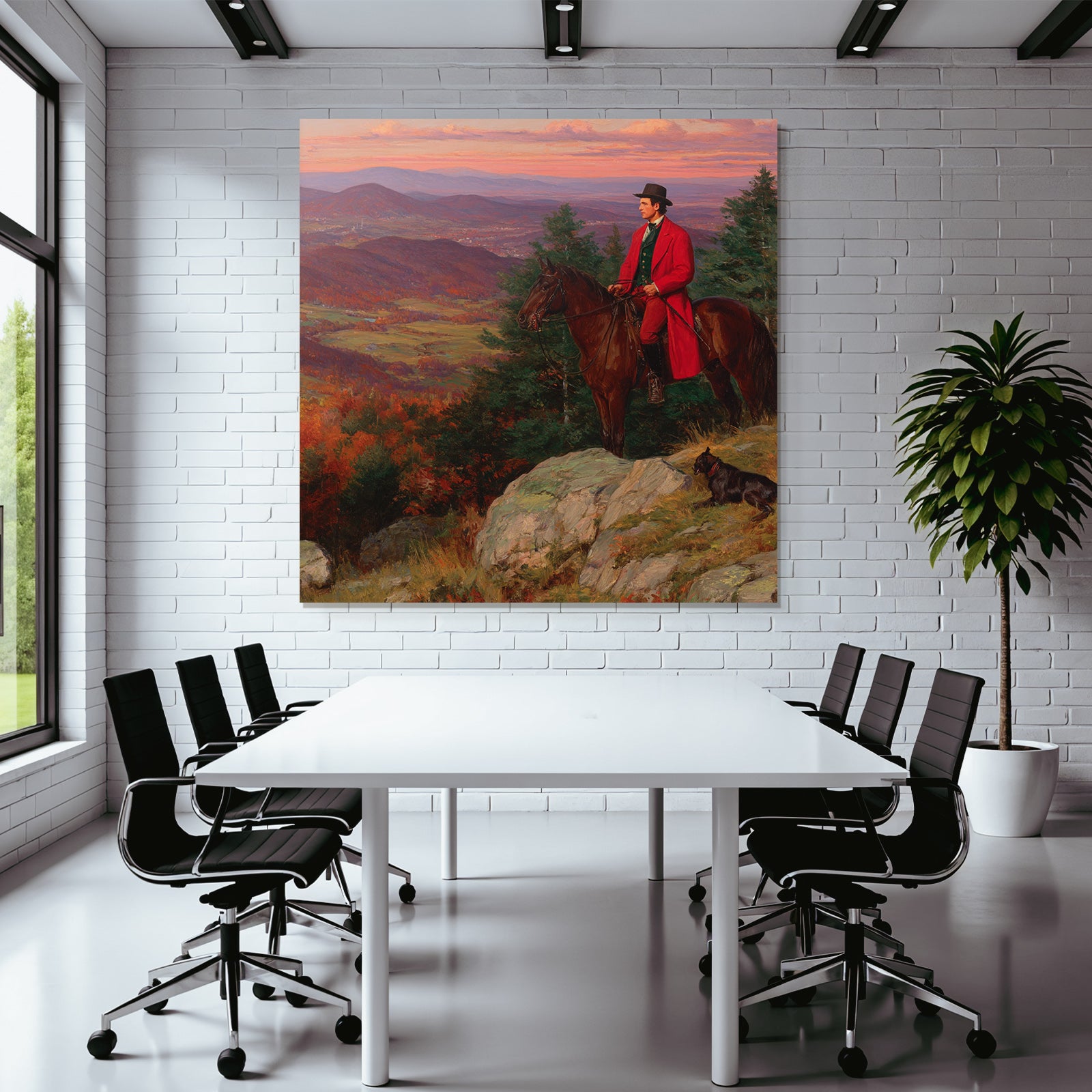 Man on Horseback Red Coat Dog Autumn Landscape Sunset