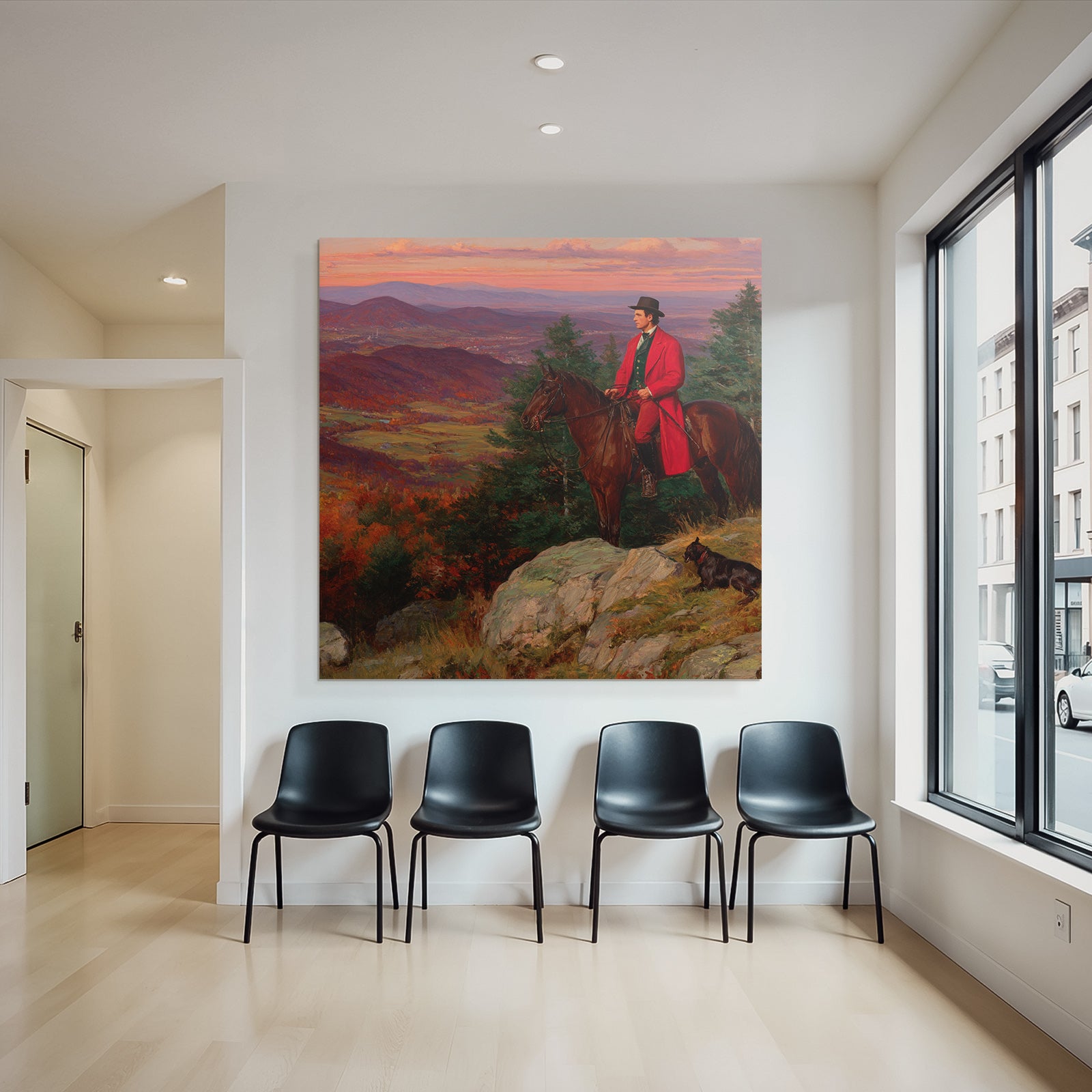 Man on Horseback Red Coat Dog Autumn Landscape Sunset