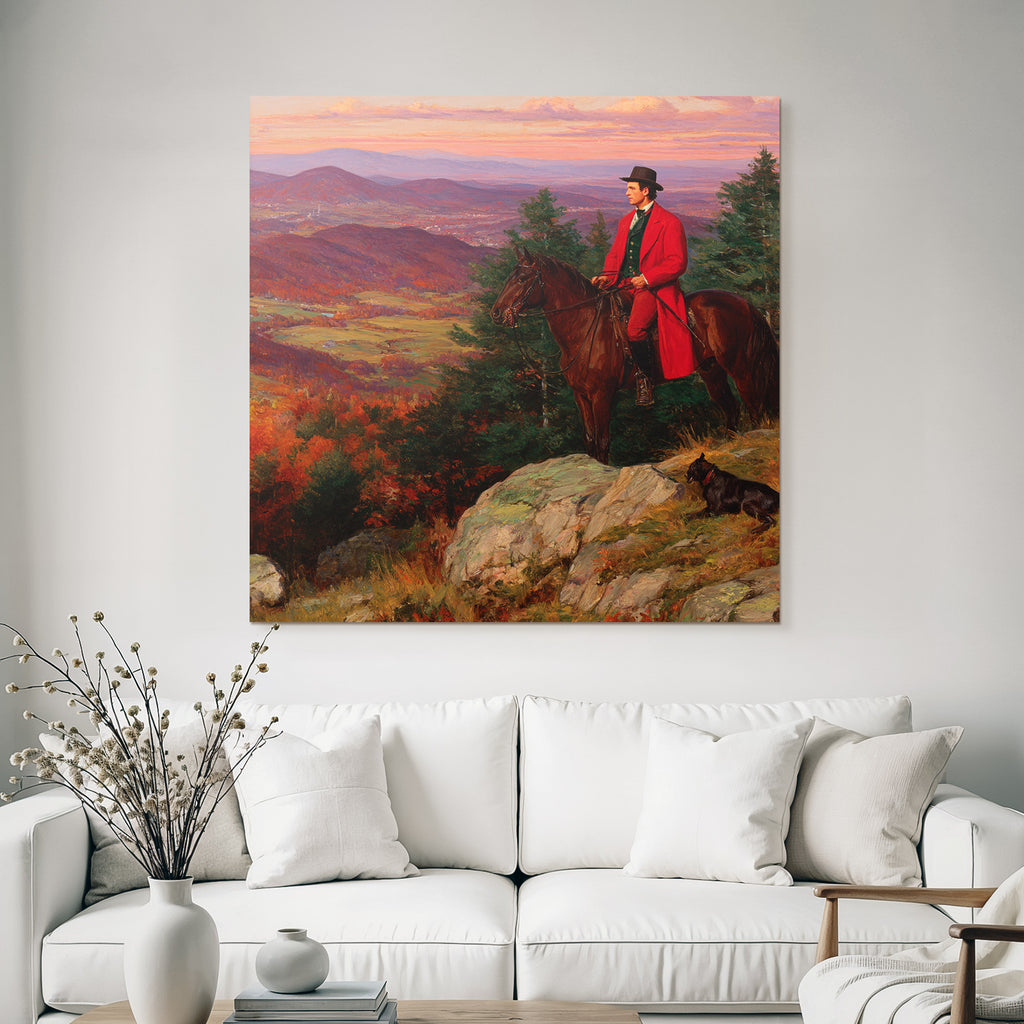 Man on Horseback Red Coat Dog Autumn Landscape Sunset