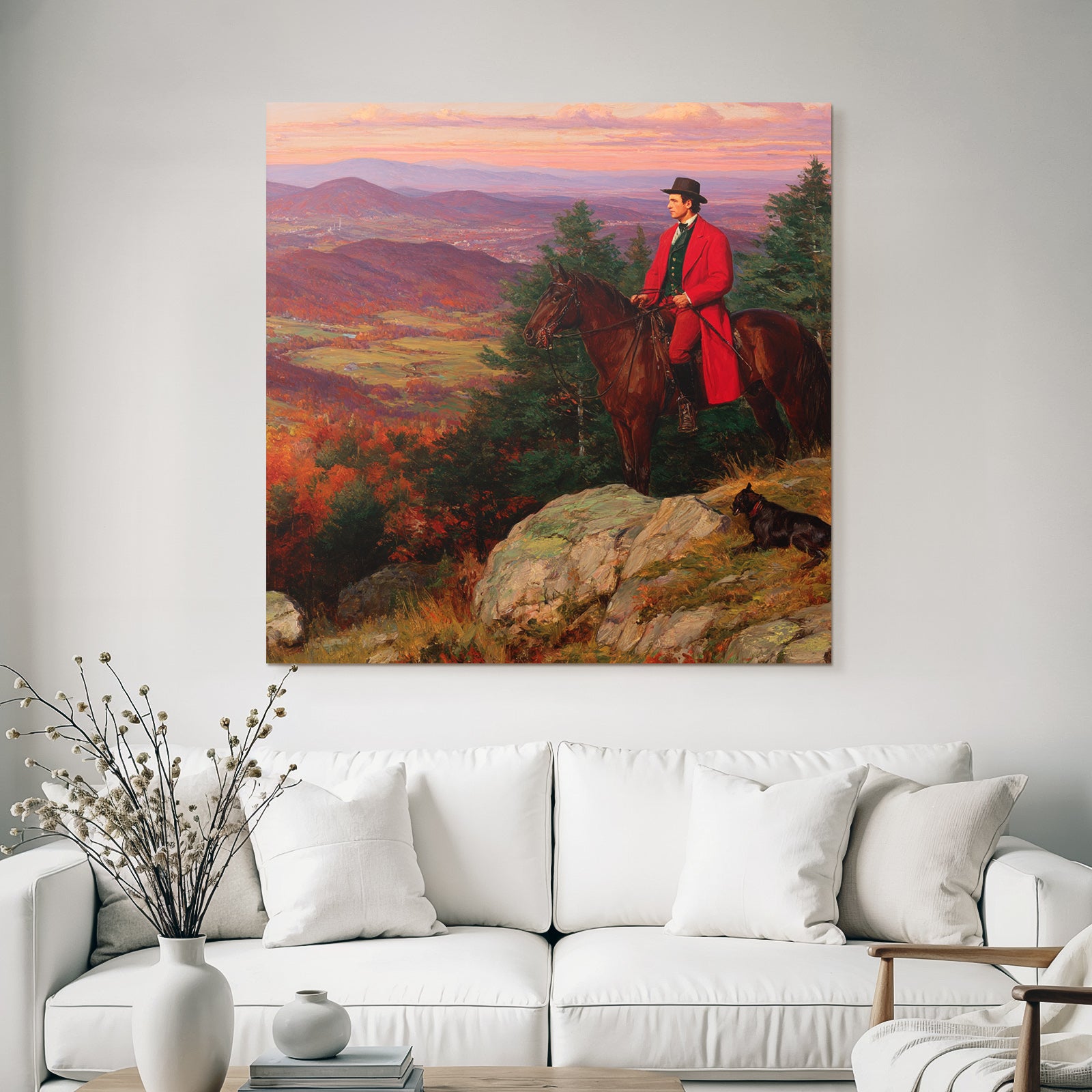 Man on Horseback Red Coat Dog Autumn Landscape Sunset