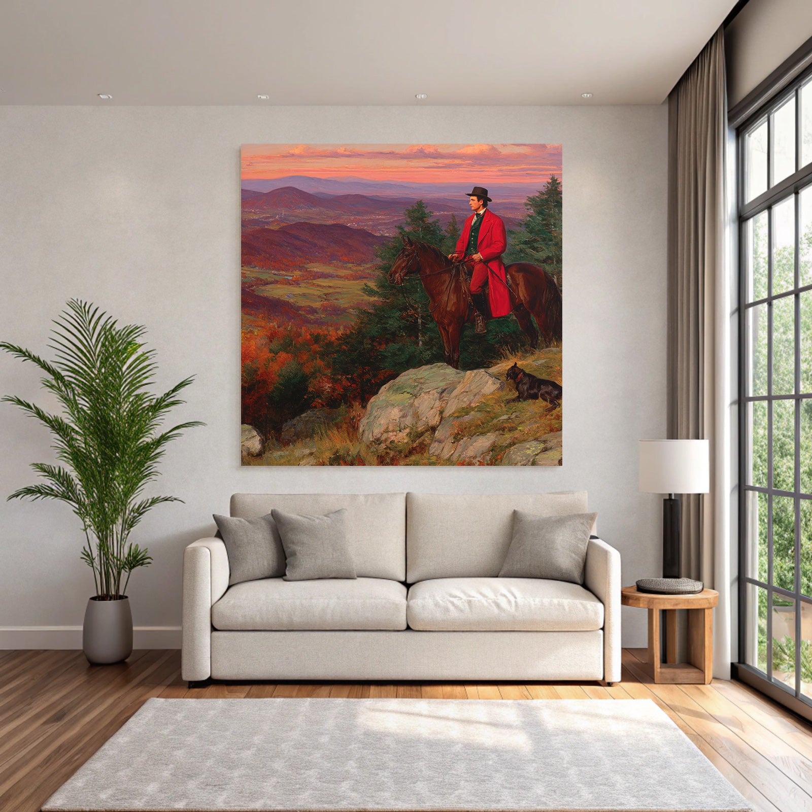 Man on Horseback Red Coat Dog Autumn Landscape Sunset