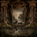 Mystischer Landschaft Horses Running Wasserfall Farbige Blumen | Klassisch | Einrichtungsstile