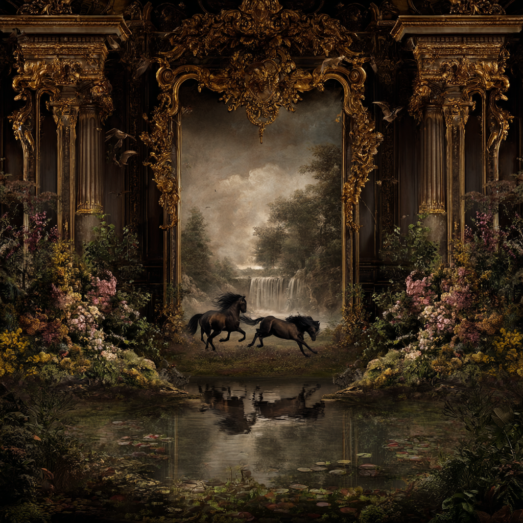 Mystischer Landschaft Horses Running Wasserfall Farbige Blumen | Klassisch | Einrichtungsstile