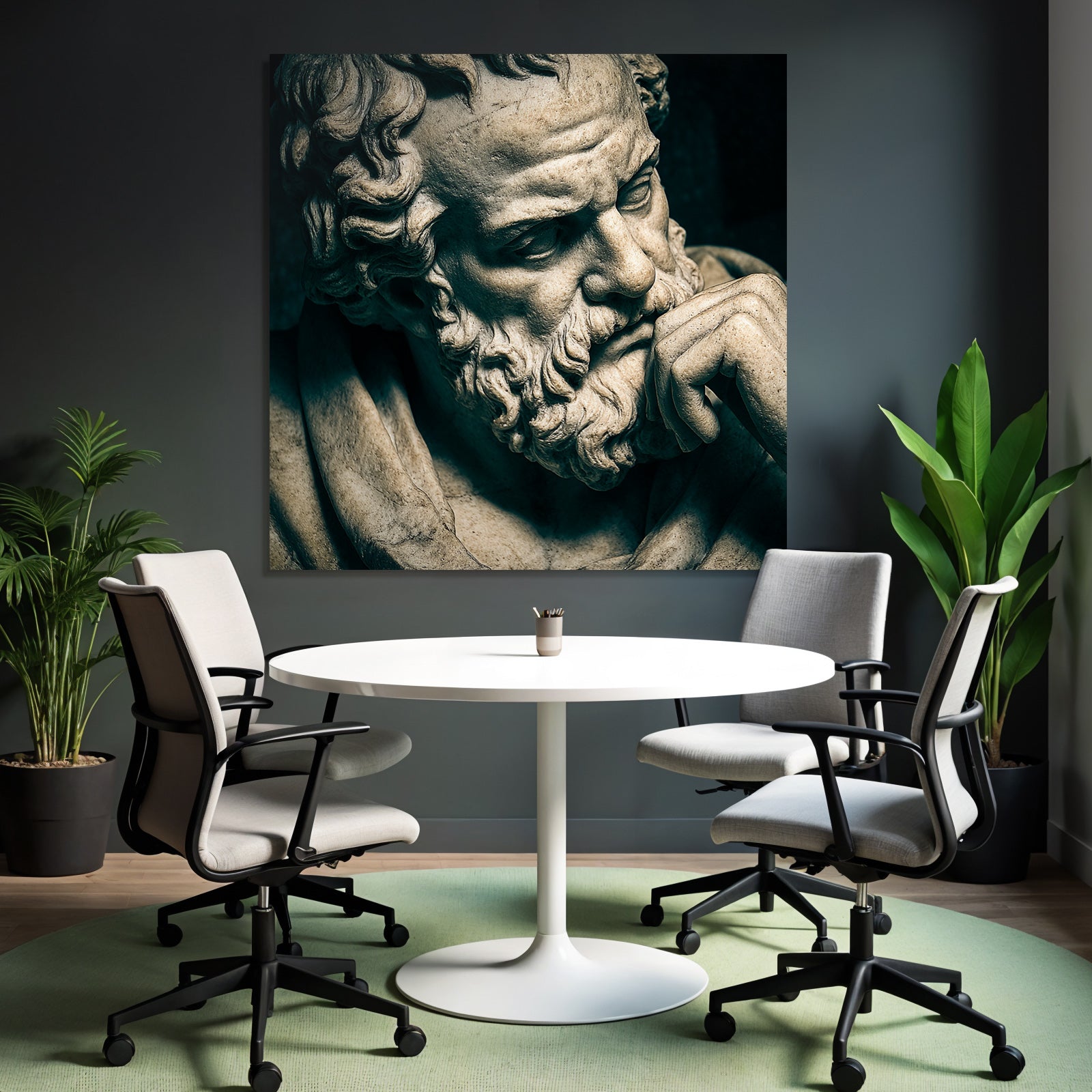 Thoughtful bust sculpture with beard and curly hair