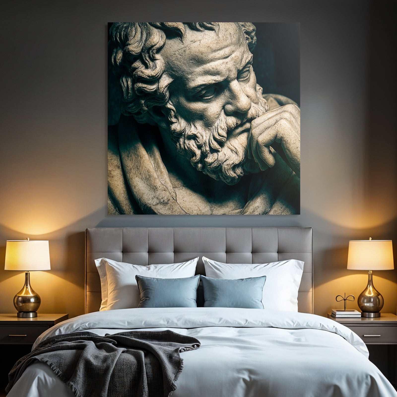 Thoughtful bust sculpture with beard and curly hair