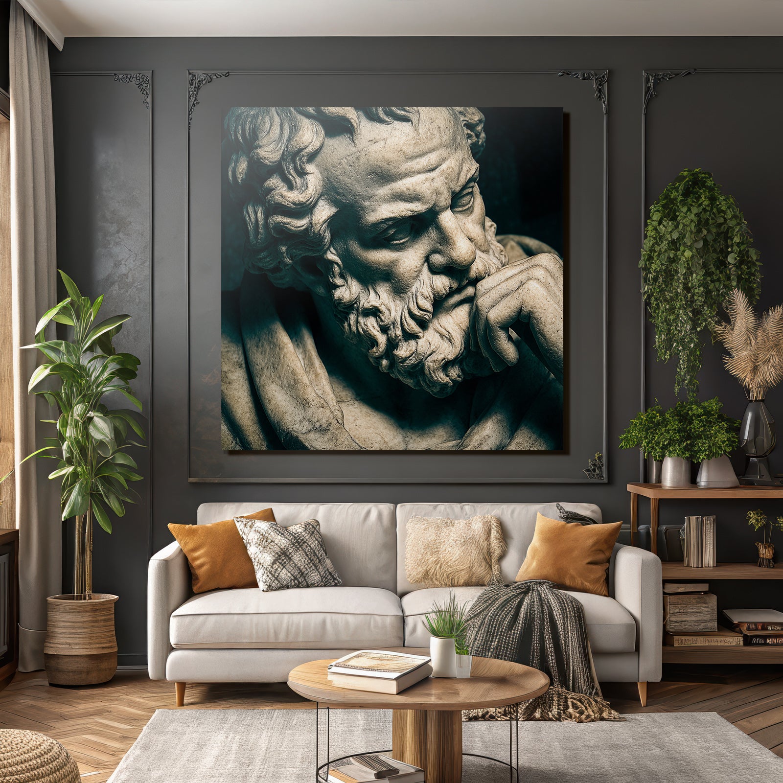 Thoughtful bust sculpture with beard and curly hair