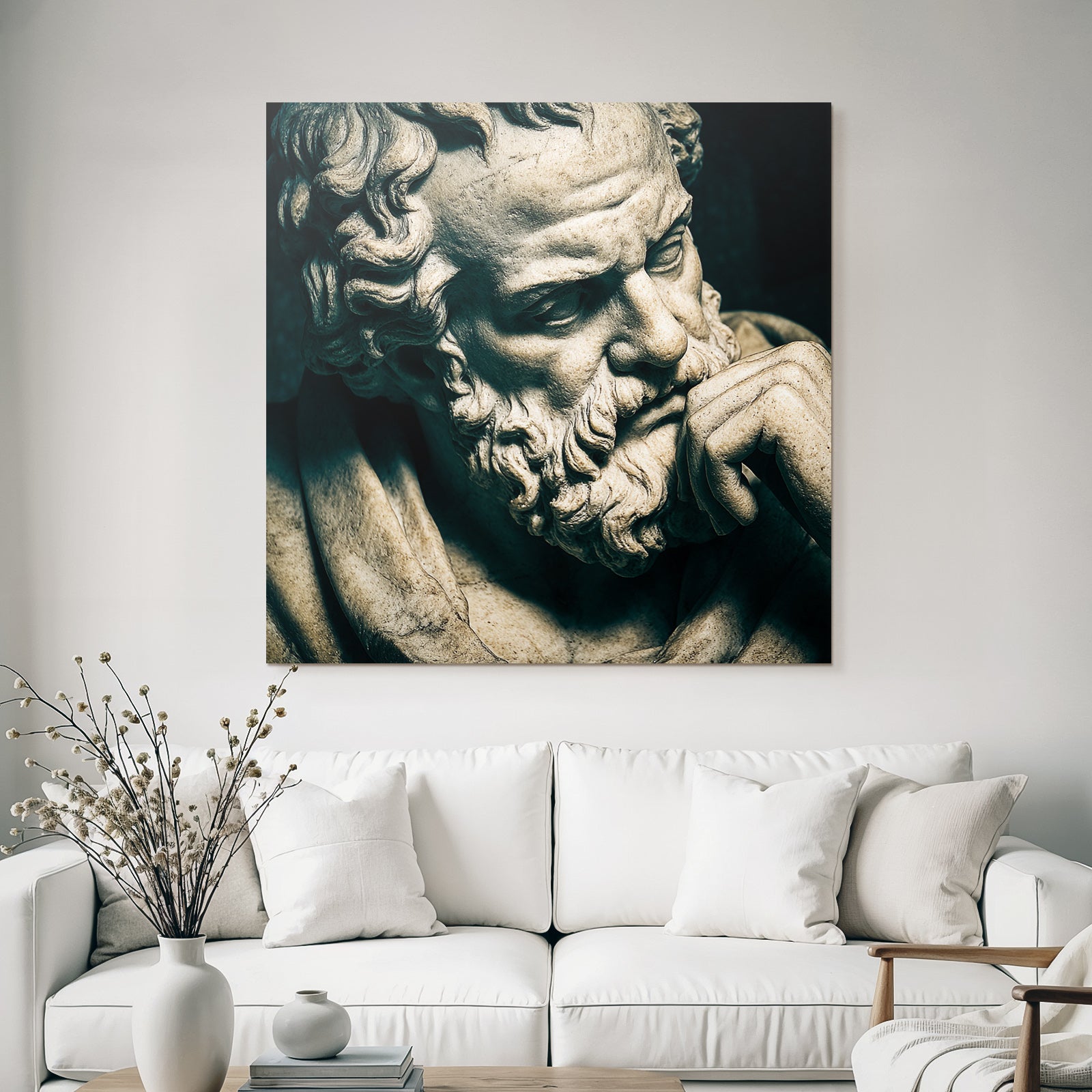 Thoughtful bust sculpture with beard and curly hair