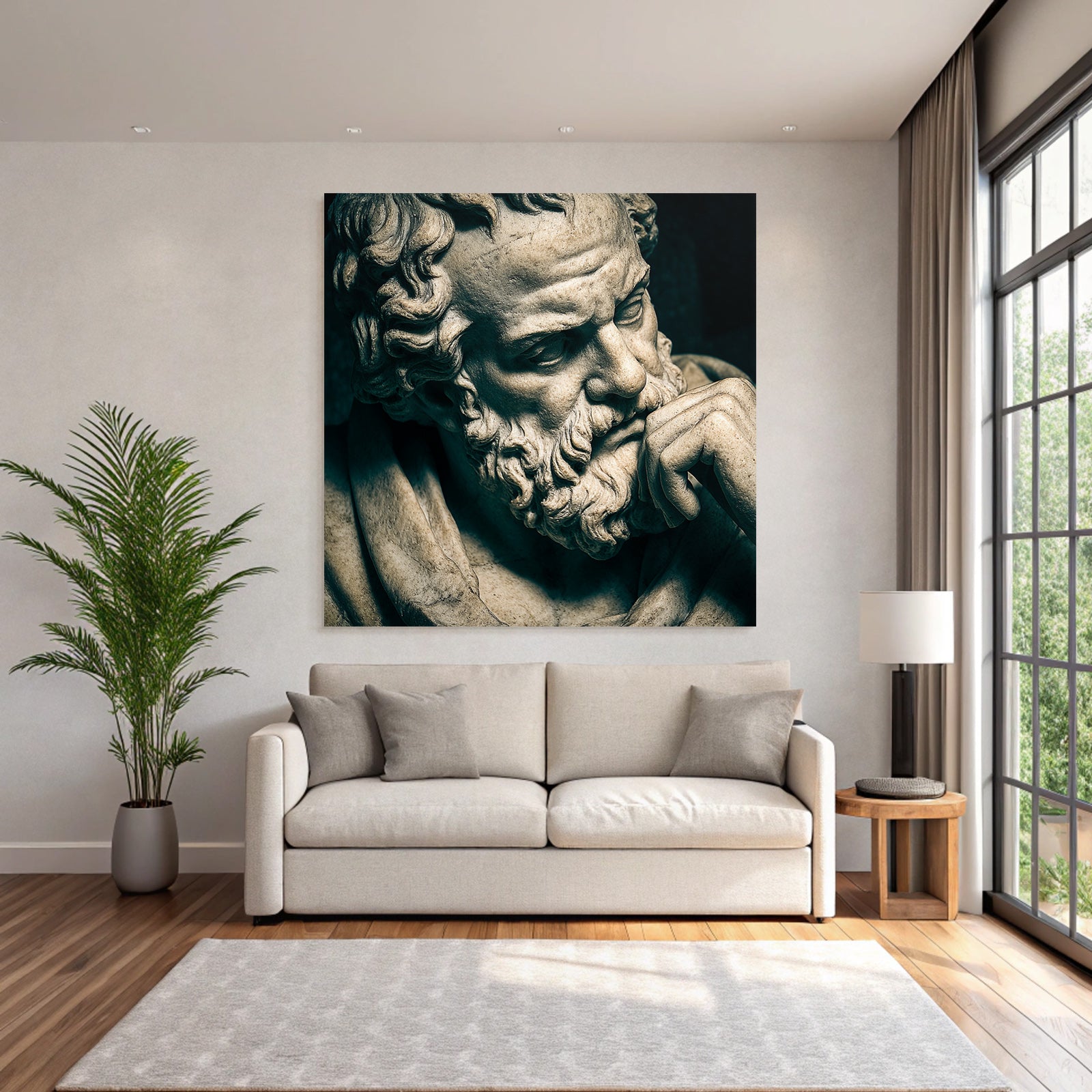 Thoughtful bust sculpture with beard and curly hair