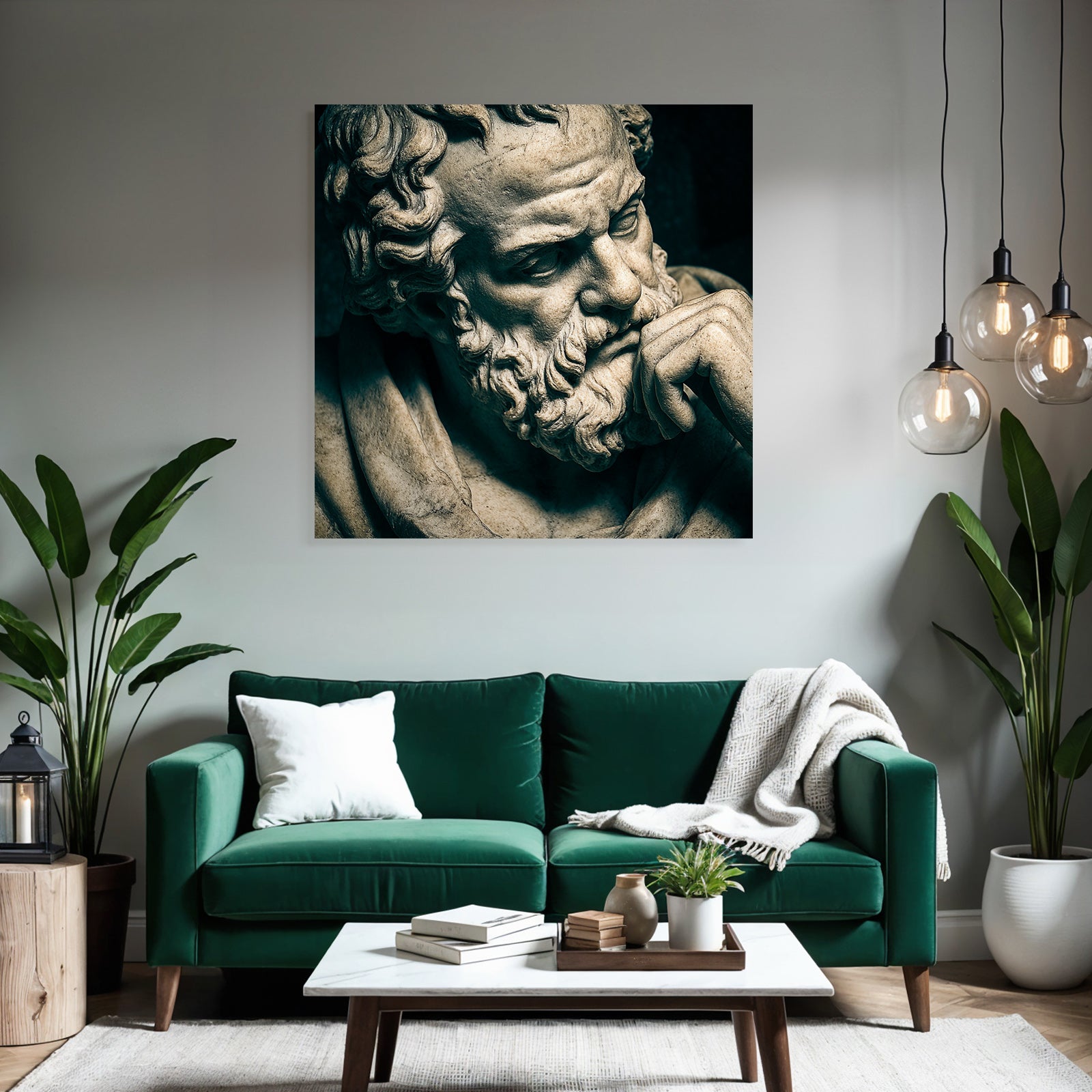 Thoughtful bust sculpture with beard and curly hair
