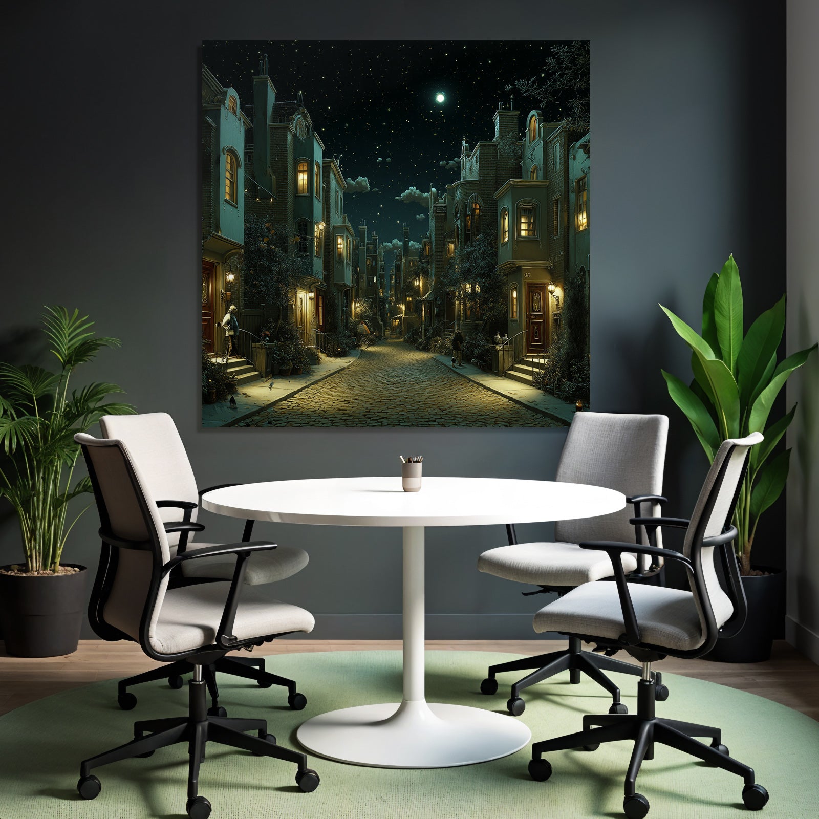 Nighttime street scene in the city with stars and cozy light