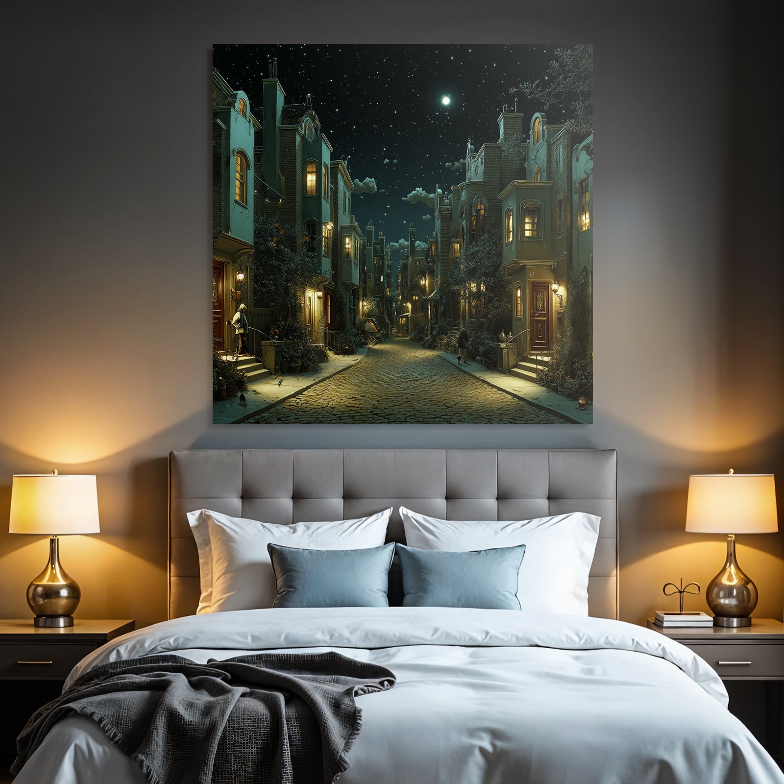 Nighttime street scene in the city with stars and cozy light