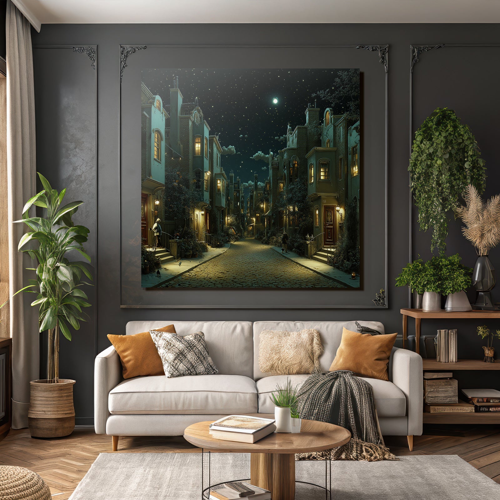 Nighttime street scene in the city with stars and cozy light