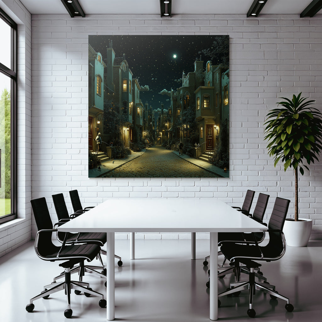 Nighttime street scene in the city with stars and cozy light