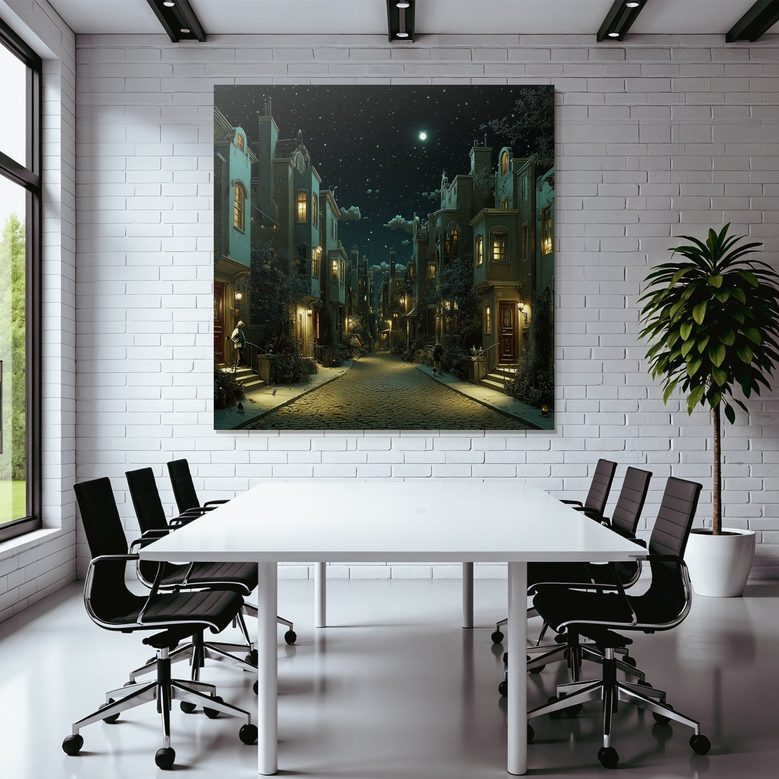 Nighttime street scene in the city with stars and cozy light