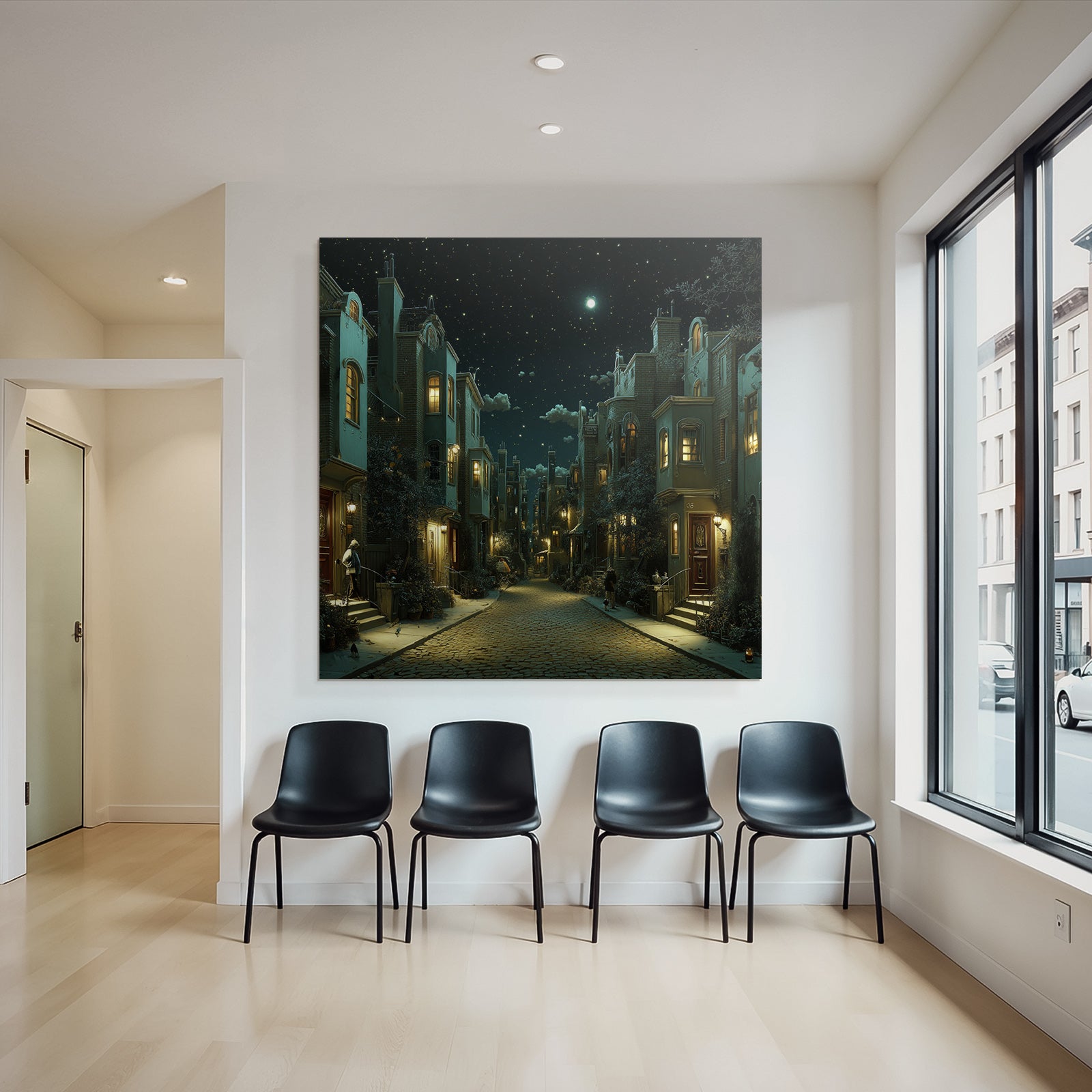 Nighttime street scene in the city with stars and cozy light