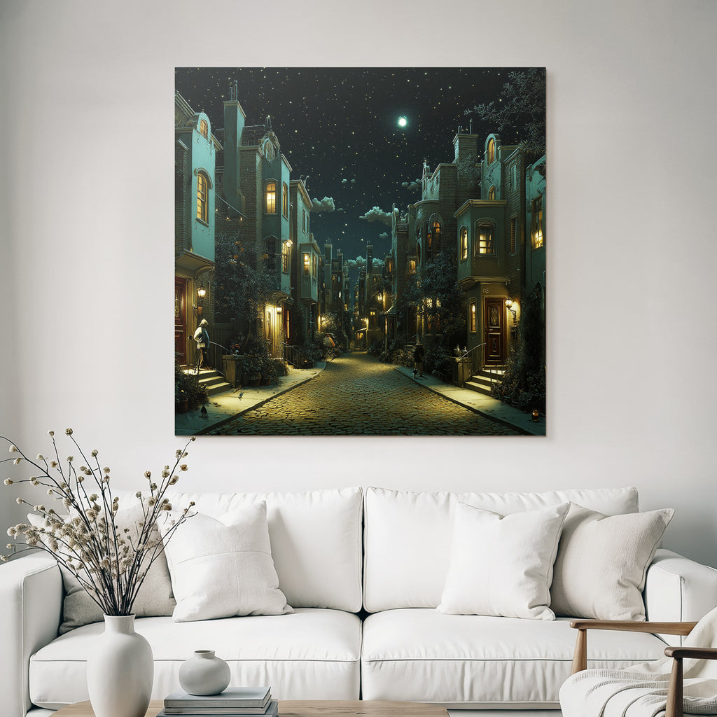 Nighttime street scene in the city with stars and cozy light