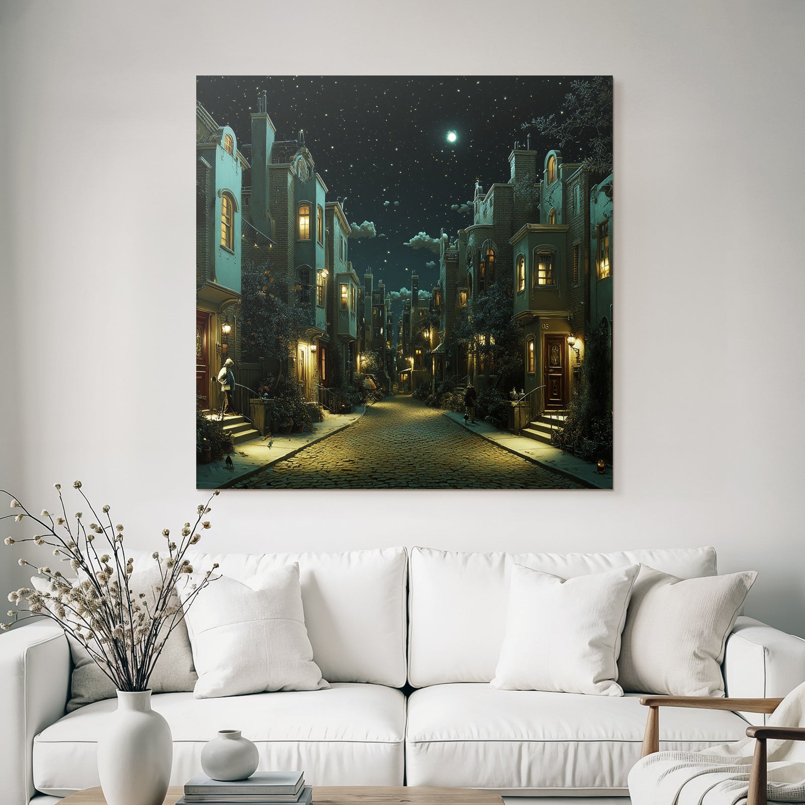 Nighttime street scene in the city with stars and cozy light
