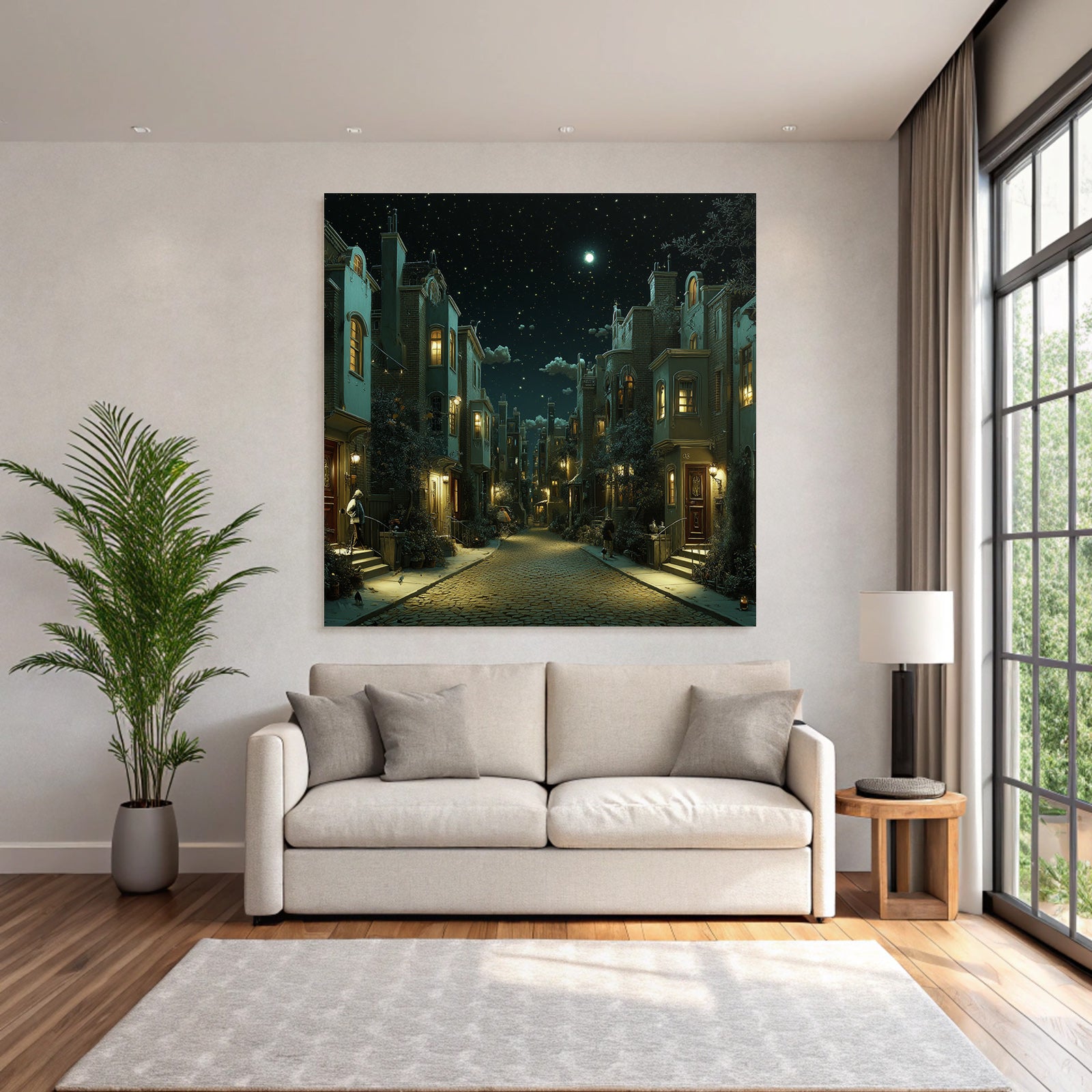 Nighttime street scene in the city with stars and cozy light