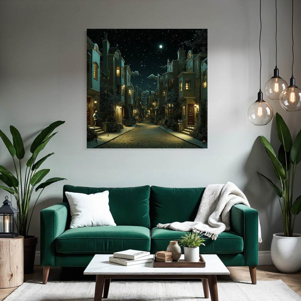 Nighttime street scene in the city with stars and cozy light