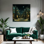 Nighttime street scene in the city with stars and cozy light