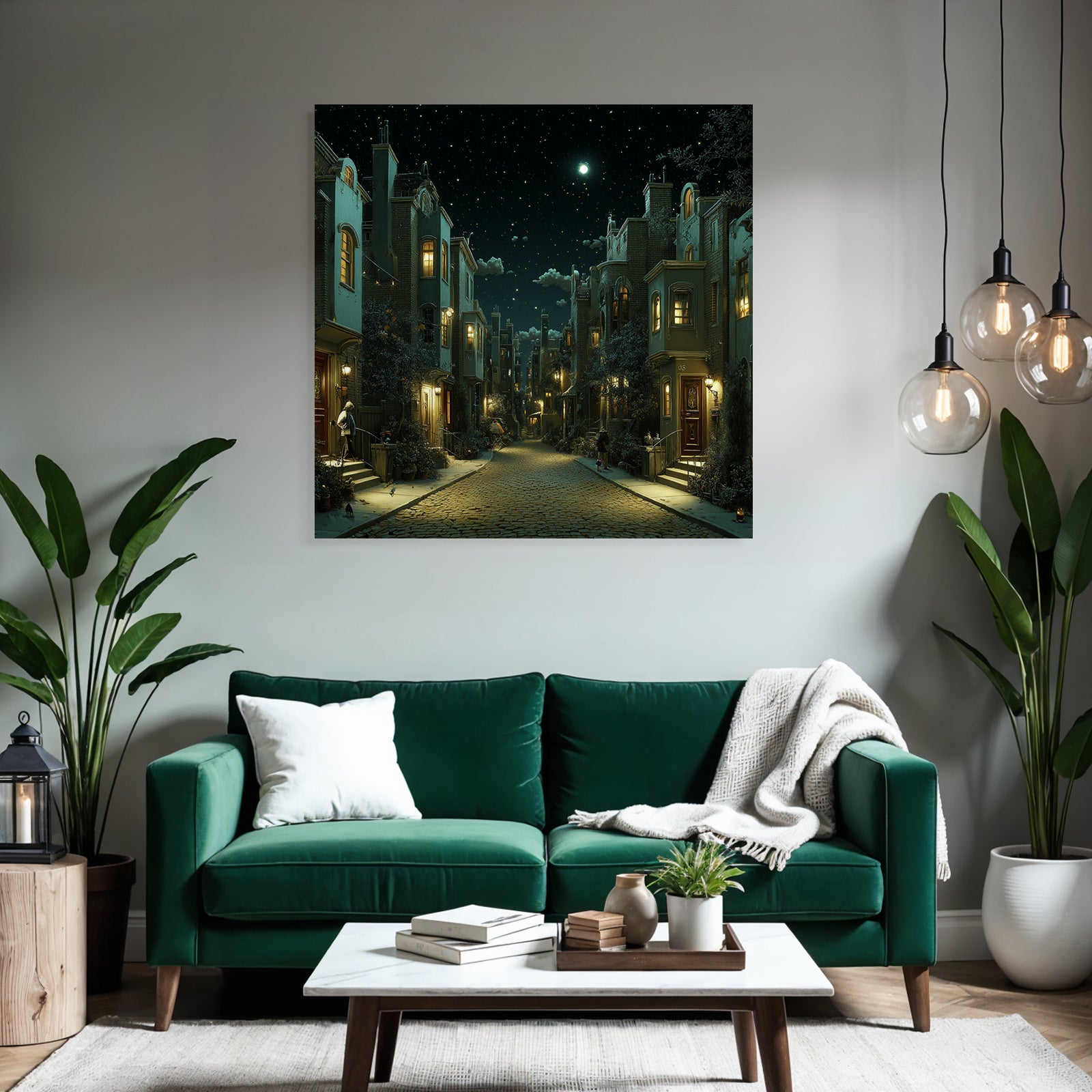 Nighttime street scene in the city with stars and cozy light