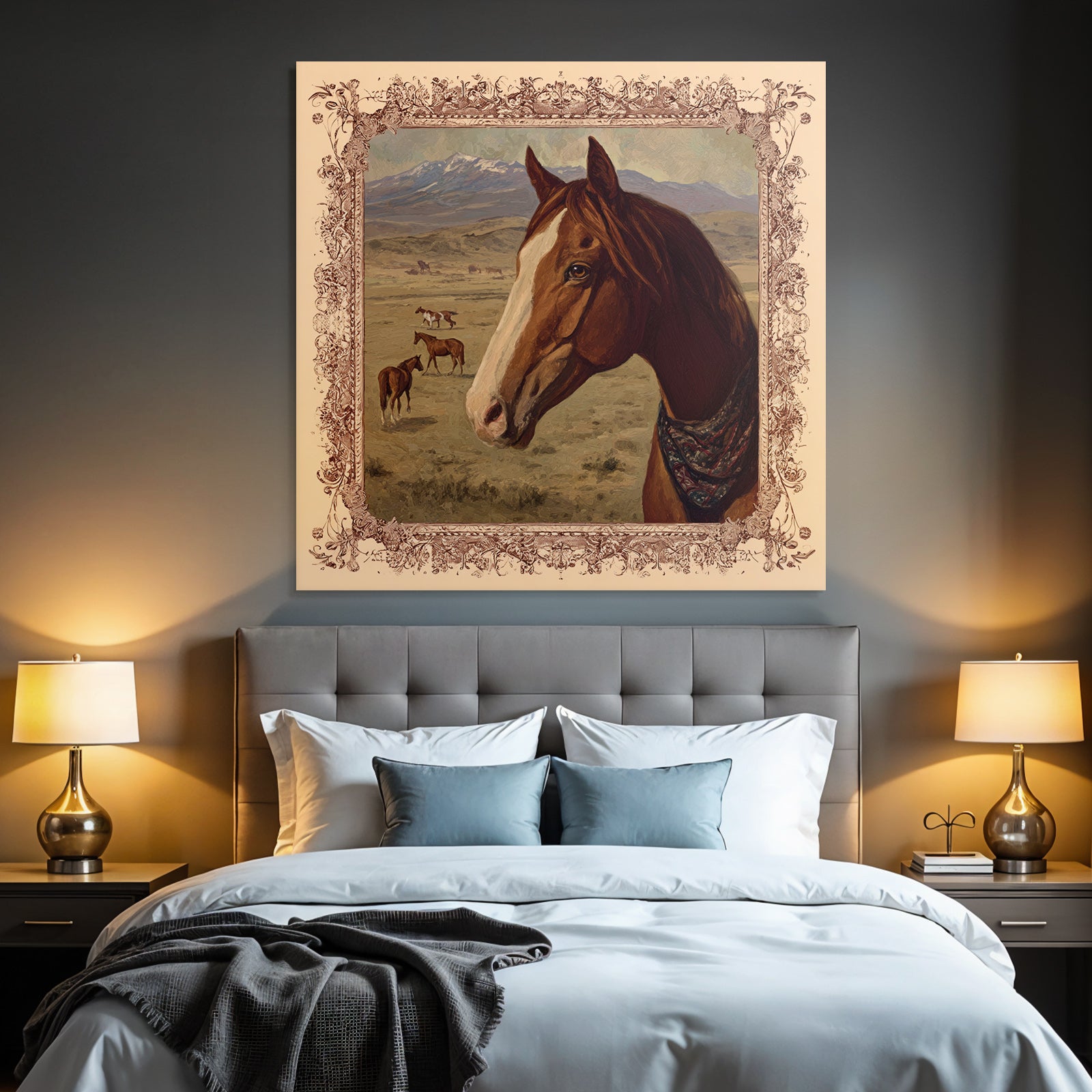 Horse in Landscape with Mountains and Other Horses Art Rendering