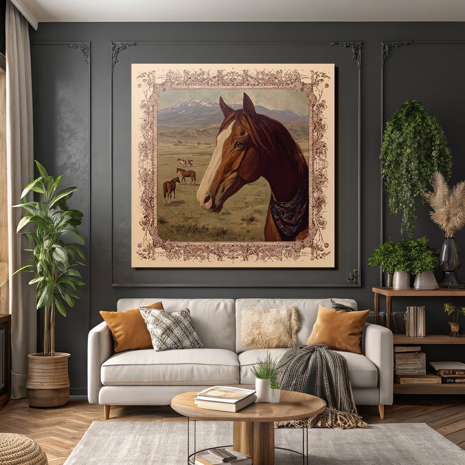 Horse in Landscape with Mountains and Other Horses Art Rendering