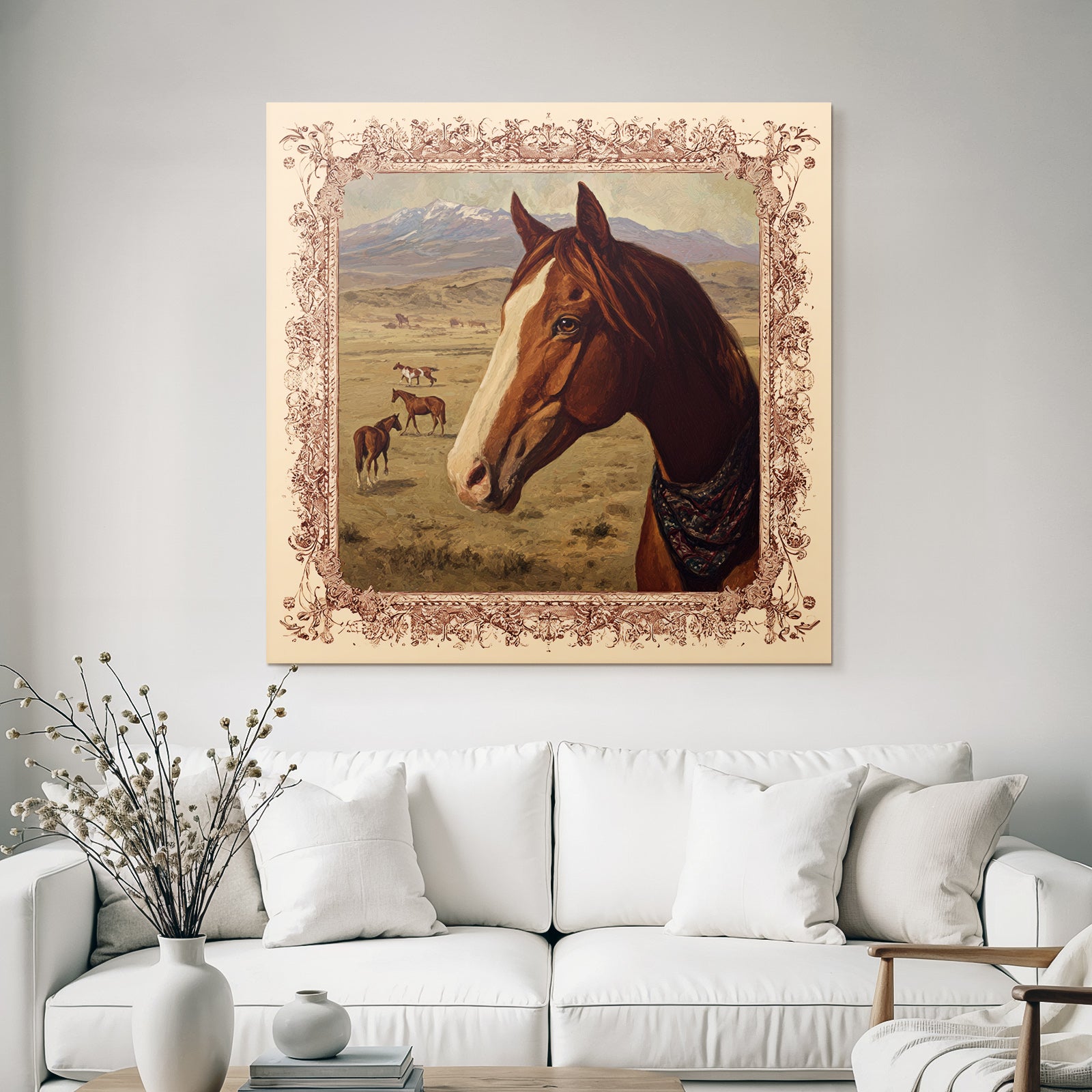Horse in Landscape with Mountains and Other Horses Art Rendering