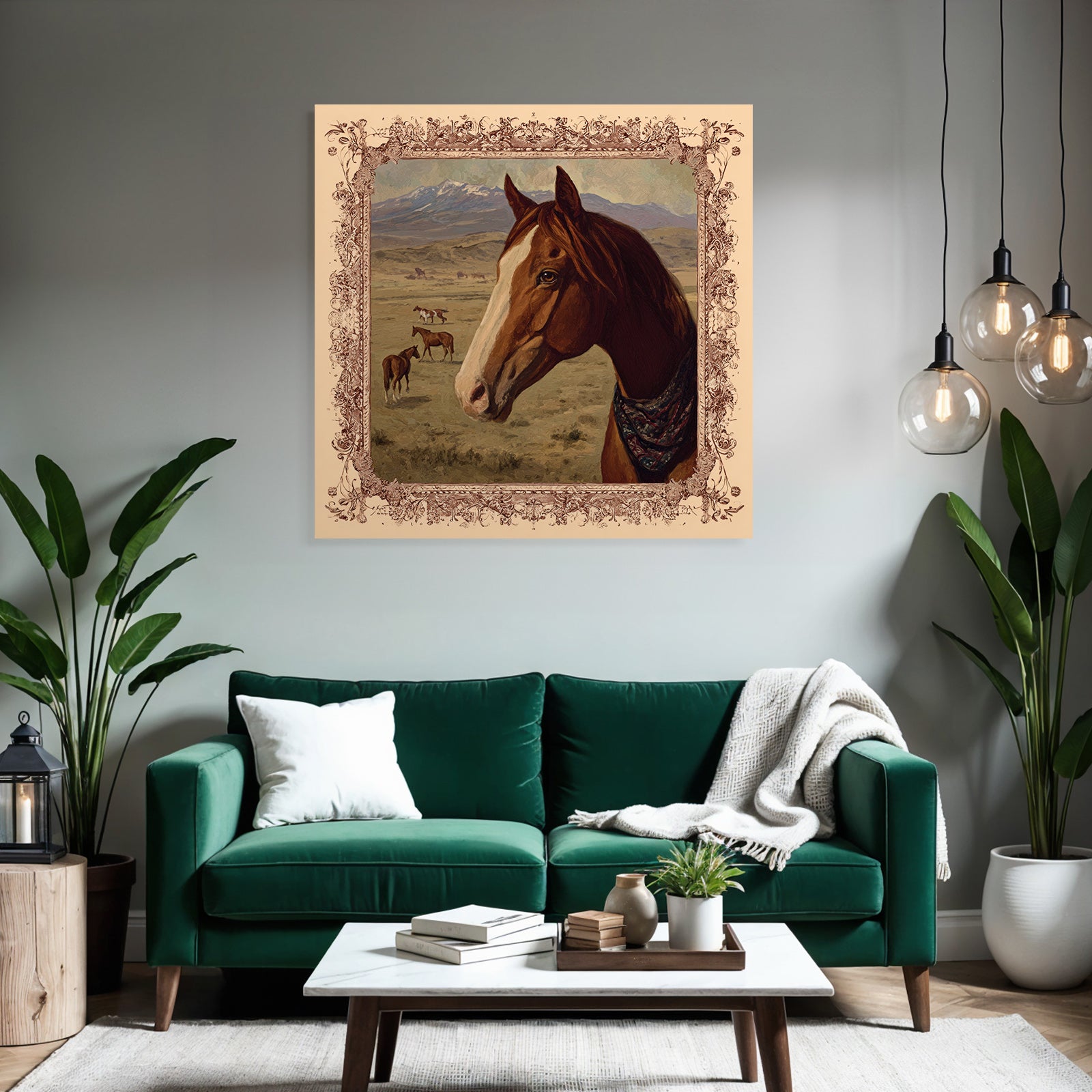 Horse in Landscape with Mountains and Other Horses Art Rendering