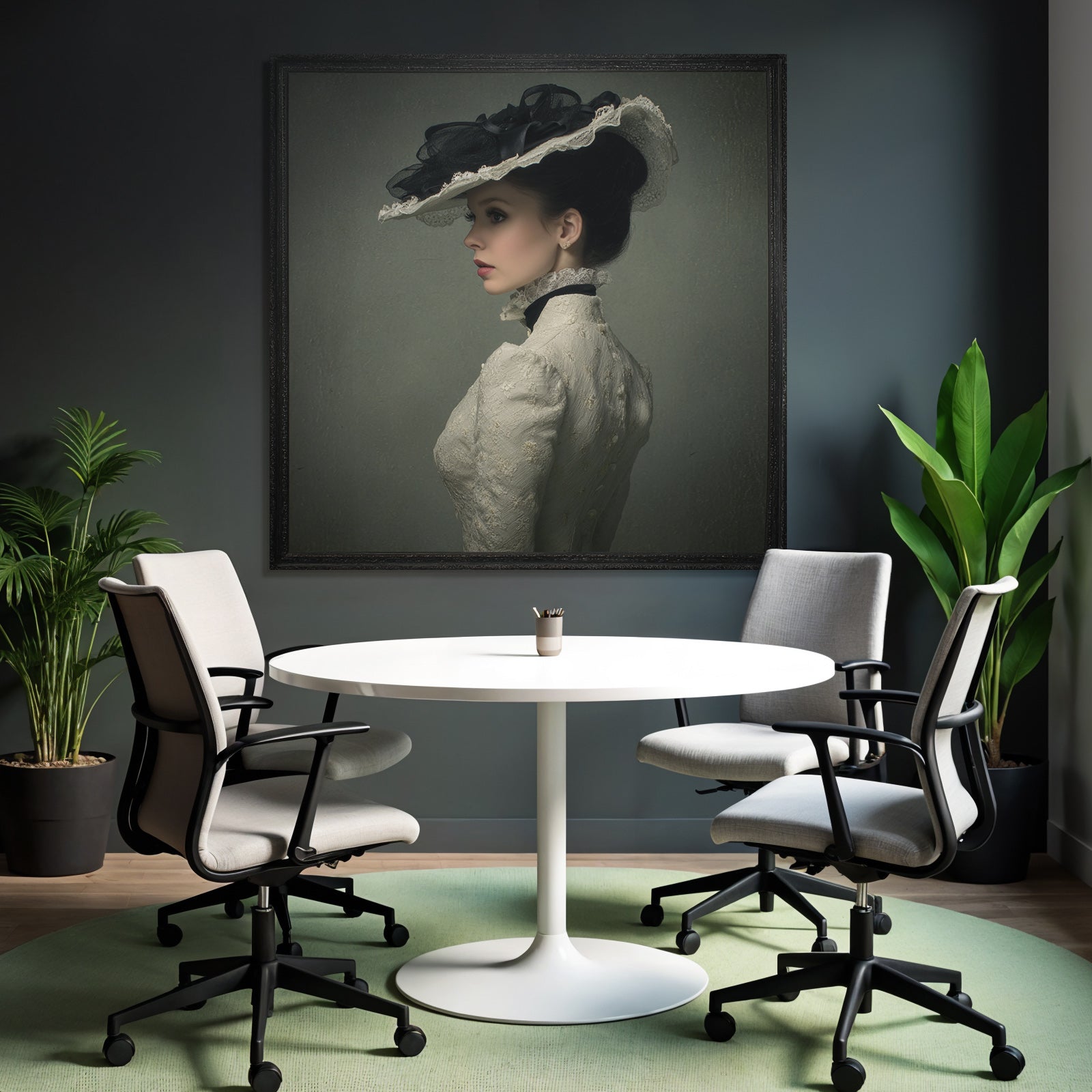Profile view of woman wearing elegant vintage dress and hat