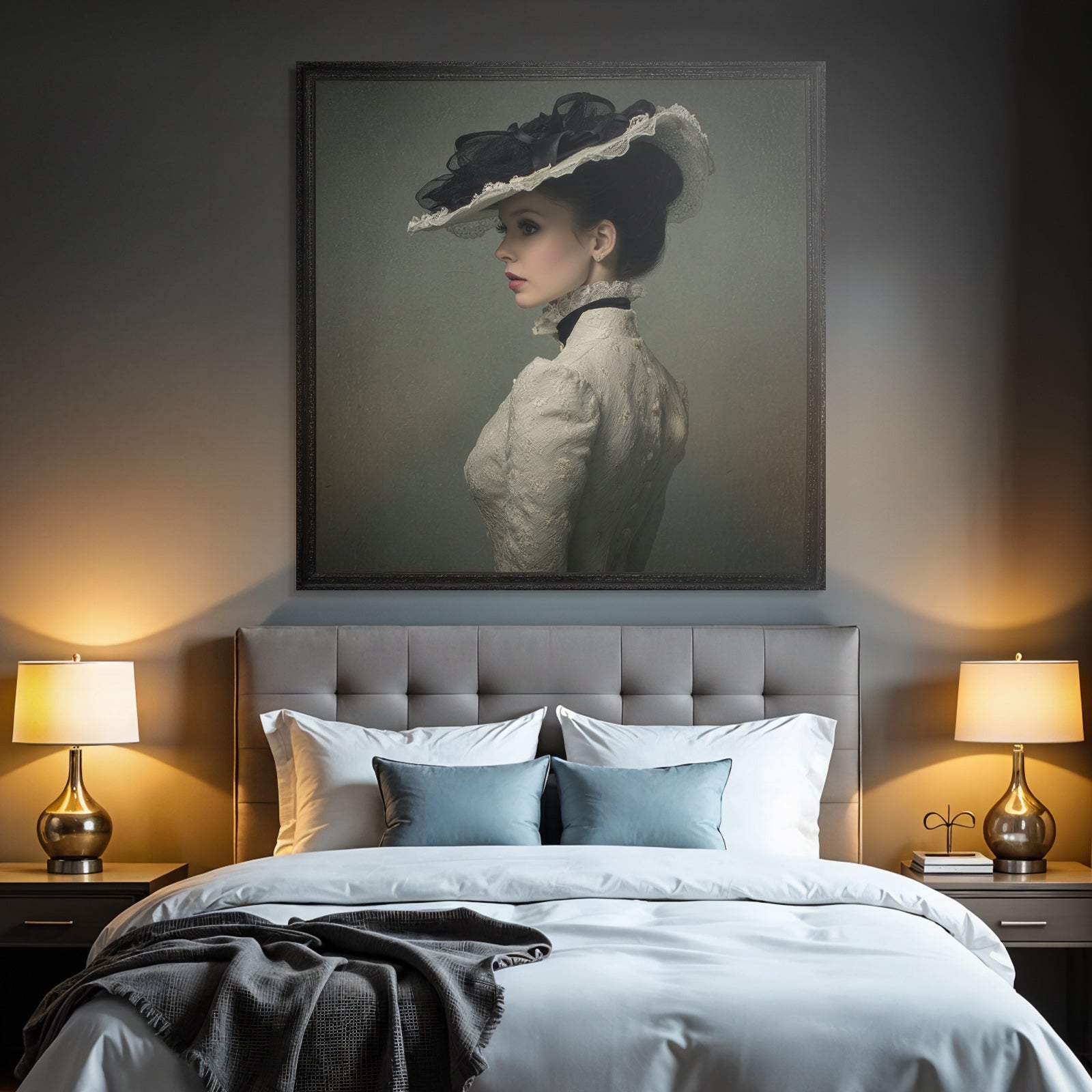 Profile view of woman wearing elegant vintage dress and hat