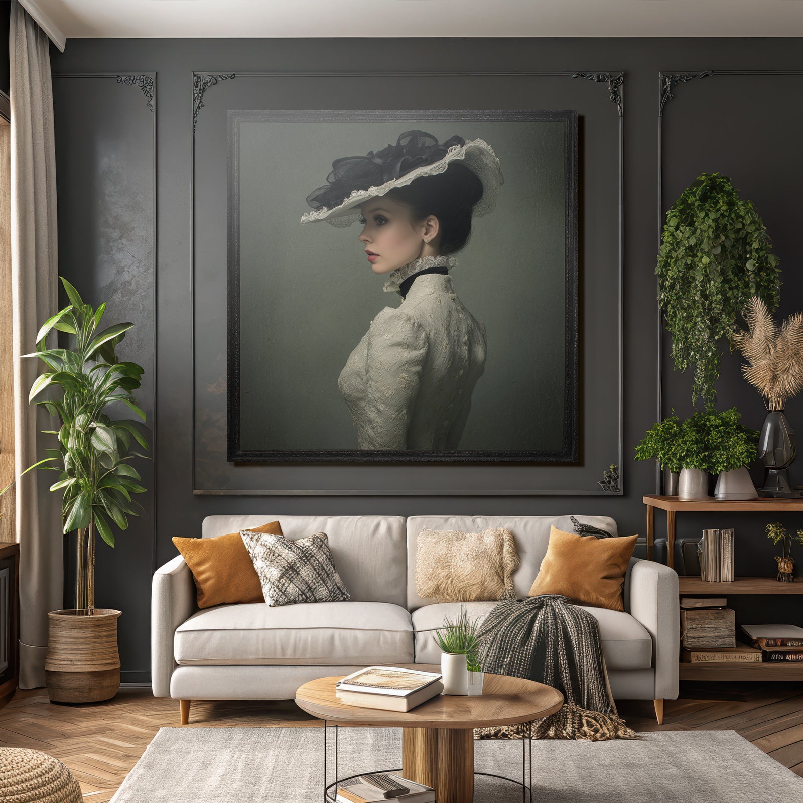 Profile view of woman wearing elegant vintage dress and hat