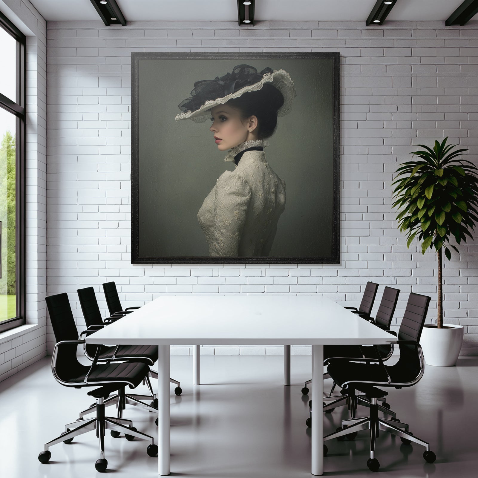 Profile view of woman wearing elegant vintage dress and hat