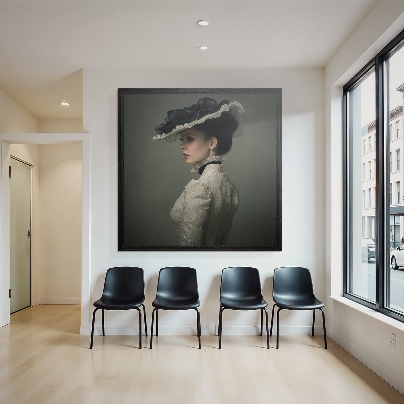 Profile view of woman wearing elegant vintage dress and hat