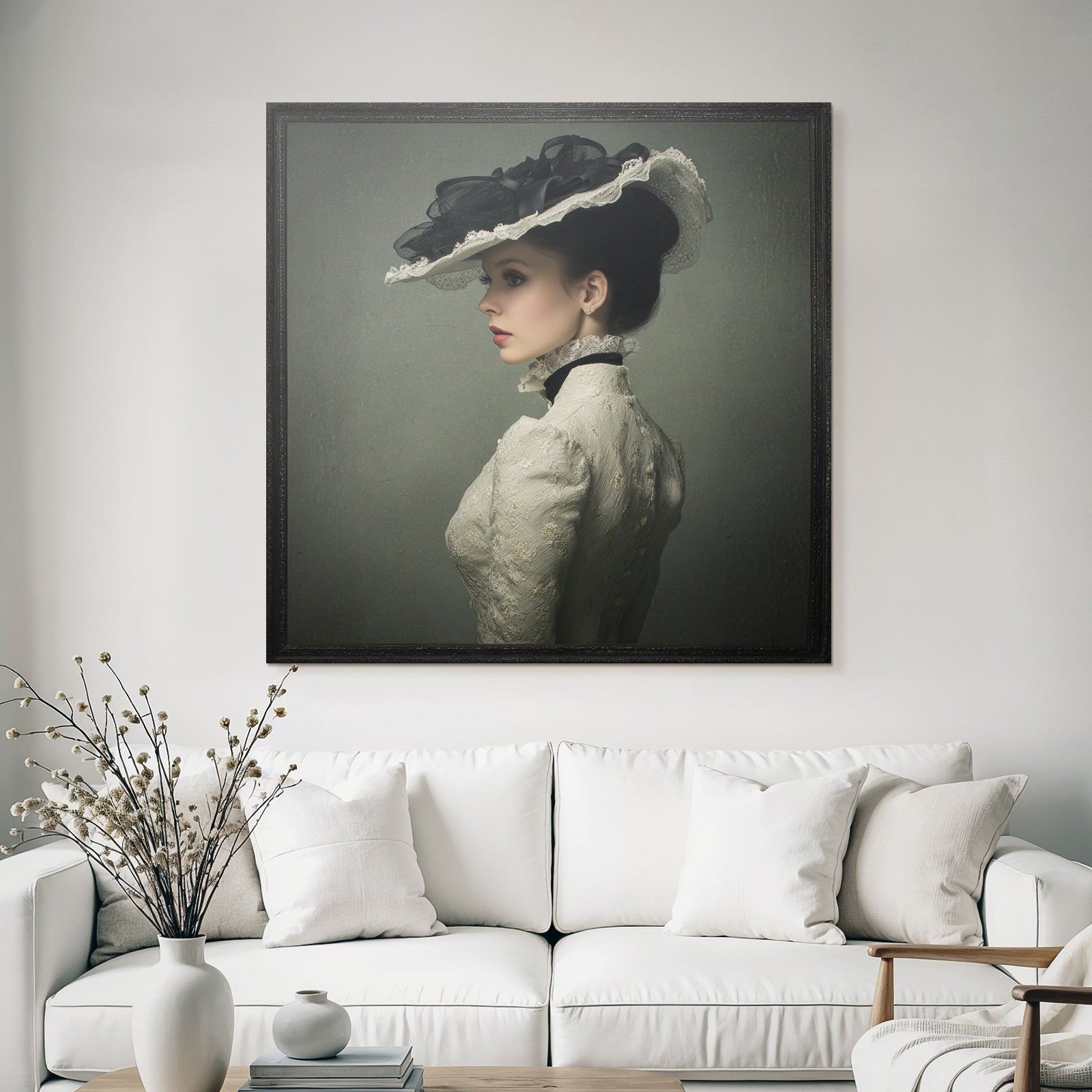 Profile view of woman wearing elegant vintage dress and hat