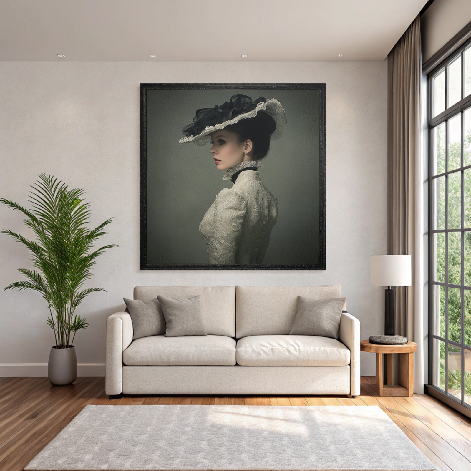 Profile view of woman wearing elegant vintage dress and hat