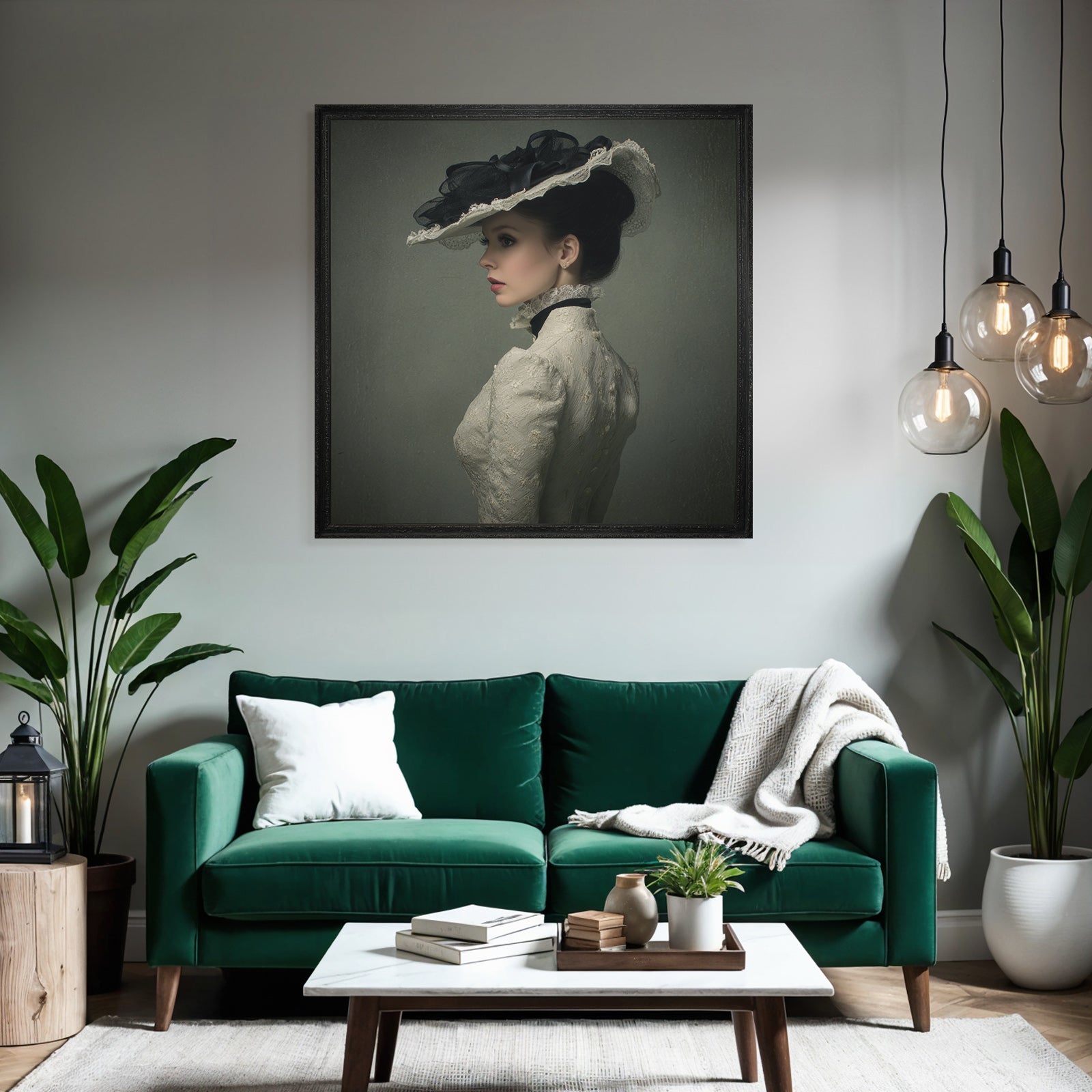 Profile view of woman wearing elegant vintage dress and hat
