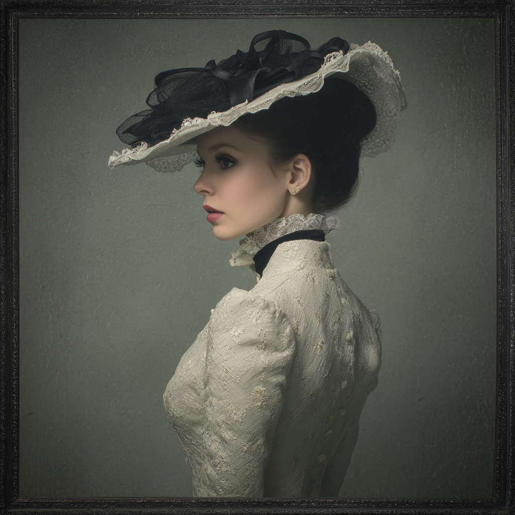 Profilansicht Frau Mit Elegantem Vintage Kleid Und Hut | Klassisch | Einrichtungsstile