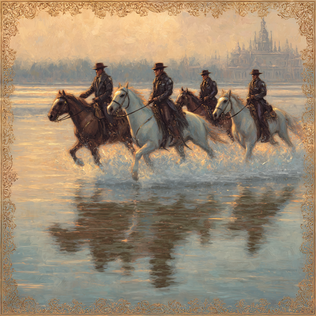 Reitende Rider Im Wasser Mit Gebautem Hintergrund Sonnenaufgang | Klassisch | Einrichtungsstile