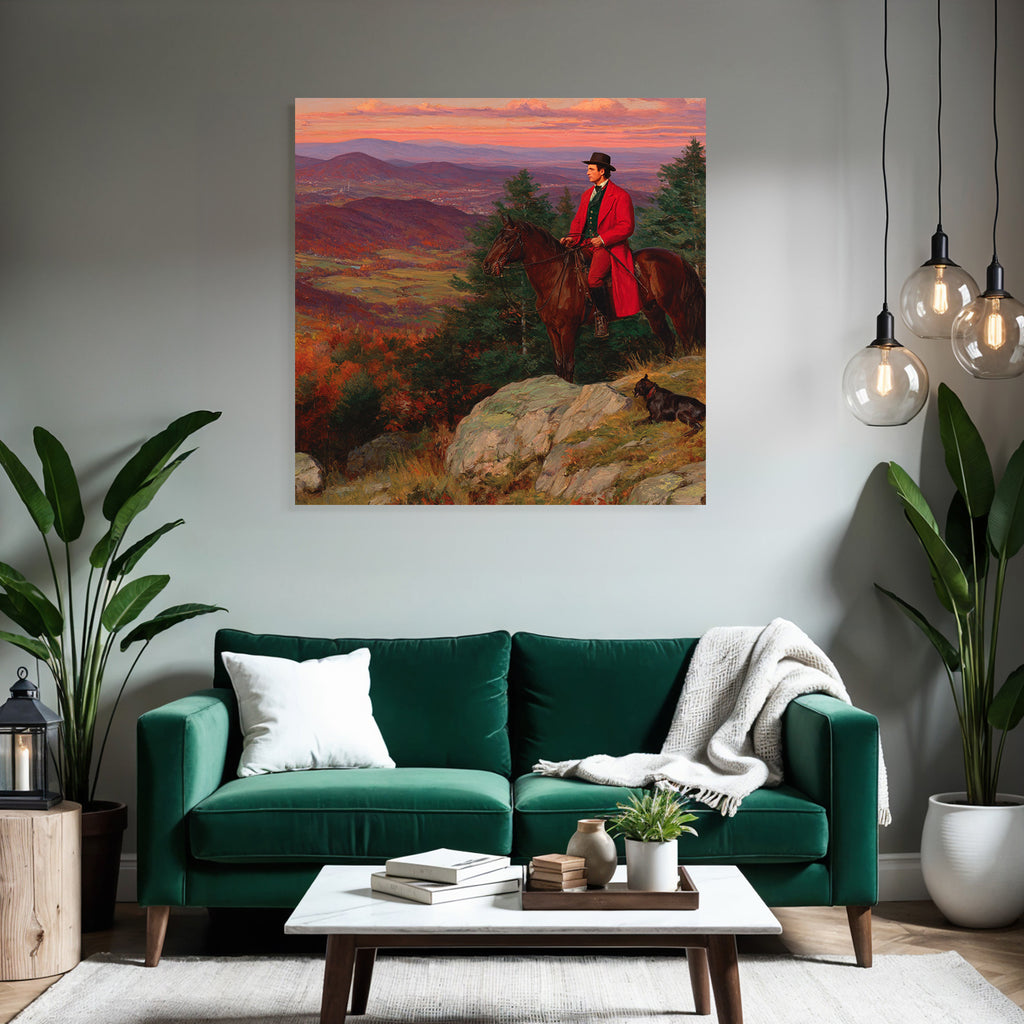 Reitender Figure Mit Hund Im Herbstlichen Landschaftsbild Bei Sonnenuntergang