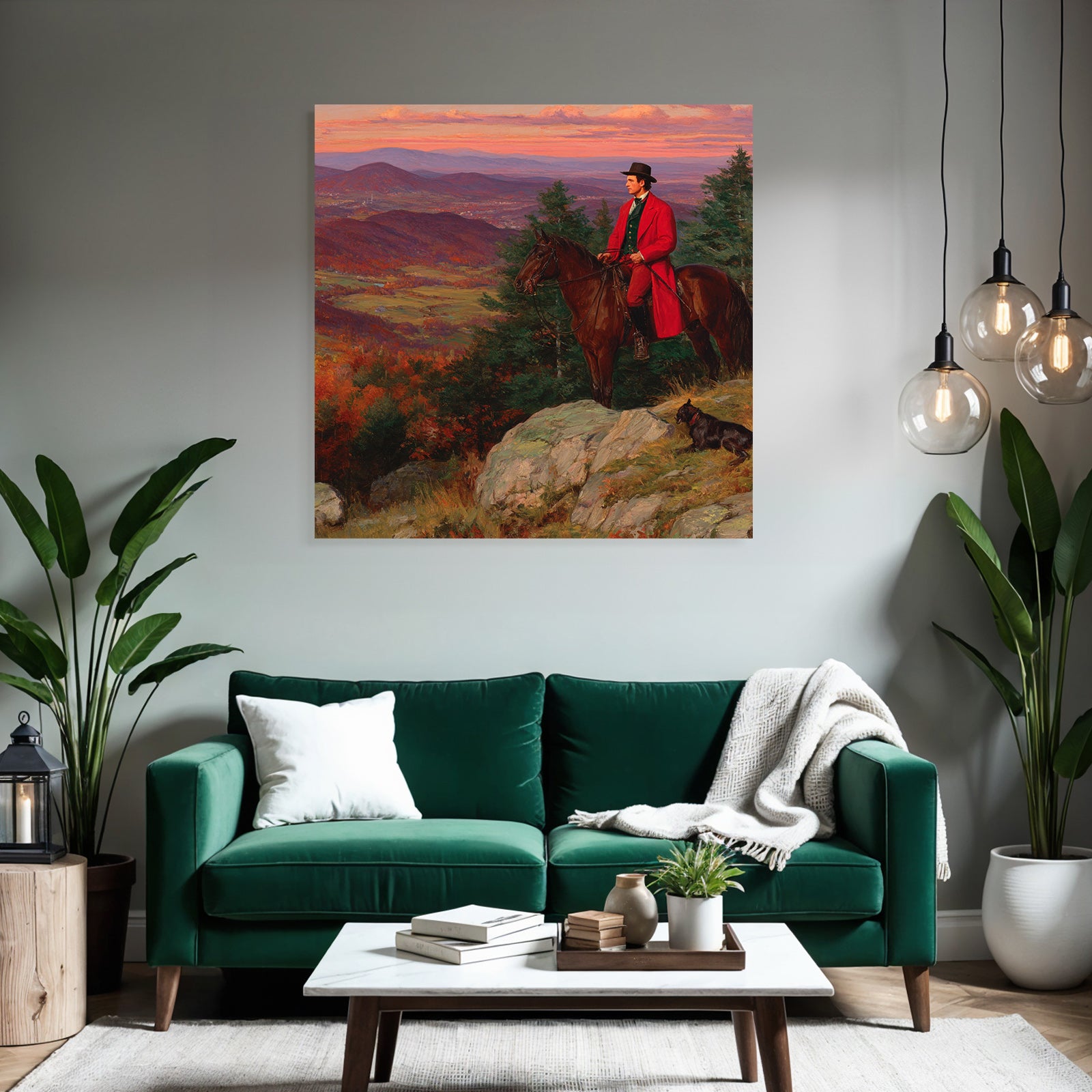 Reitender Figure Mit Hund Im Herbstlichen Landschaftsbild Bei Sonnenuntergang
