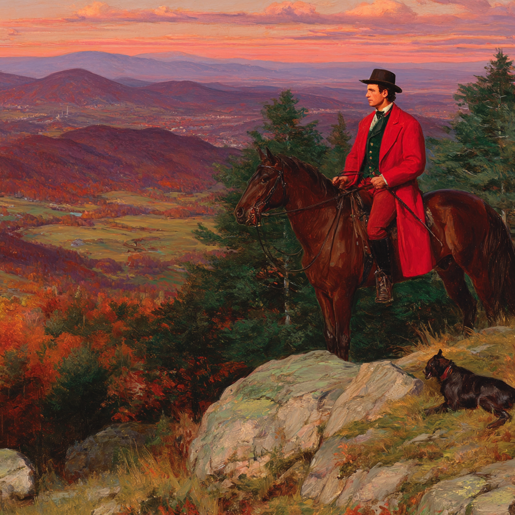 Reitender Figure Mit Hund Im Herbstlichen Landschaftsbild Bei Sonnenuntergang | Klassisch | Einrichtungsstile