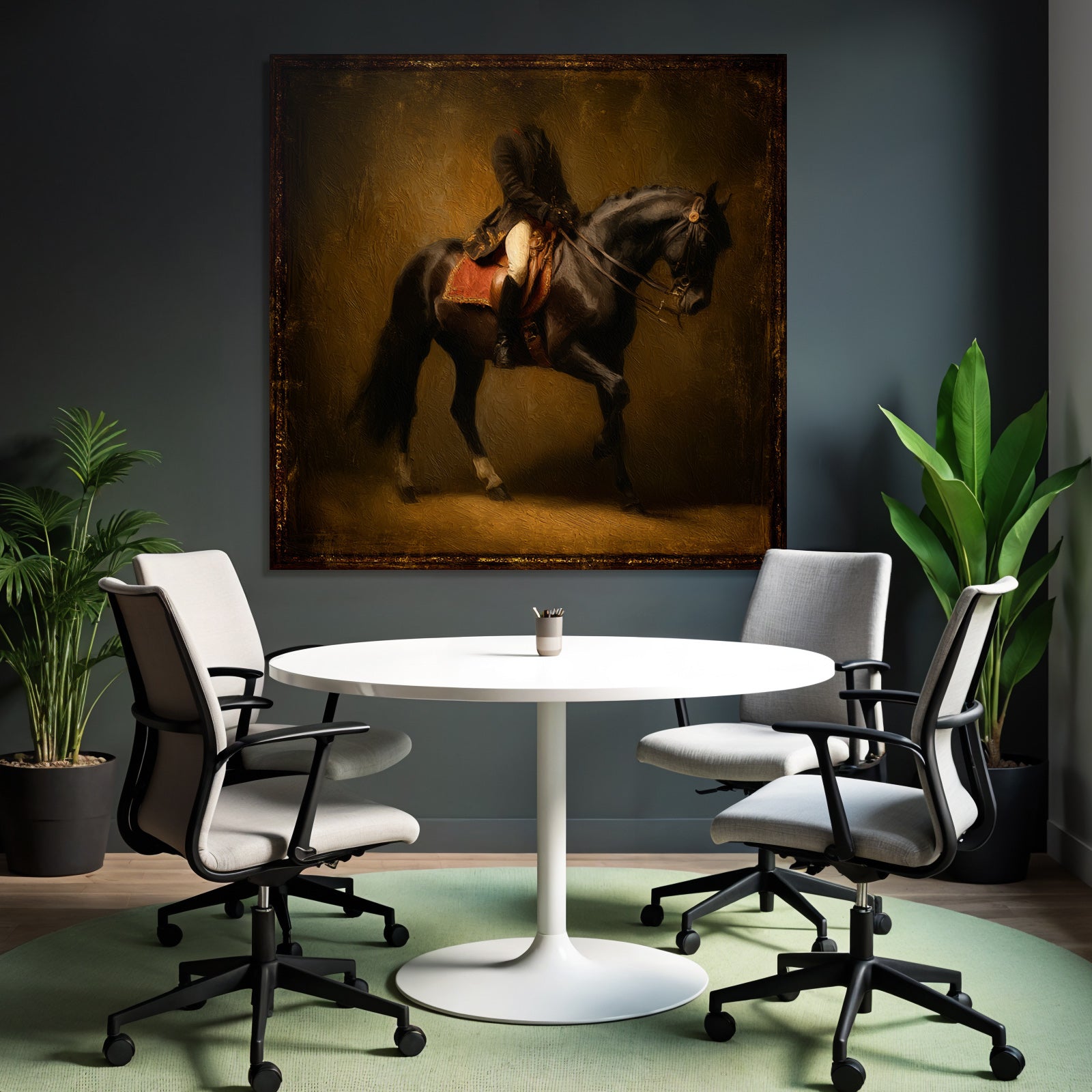 Rider on horse in motion art style with warm colors