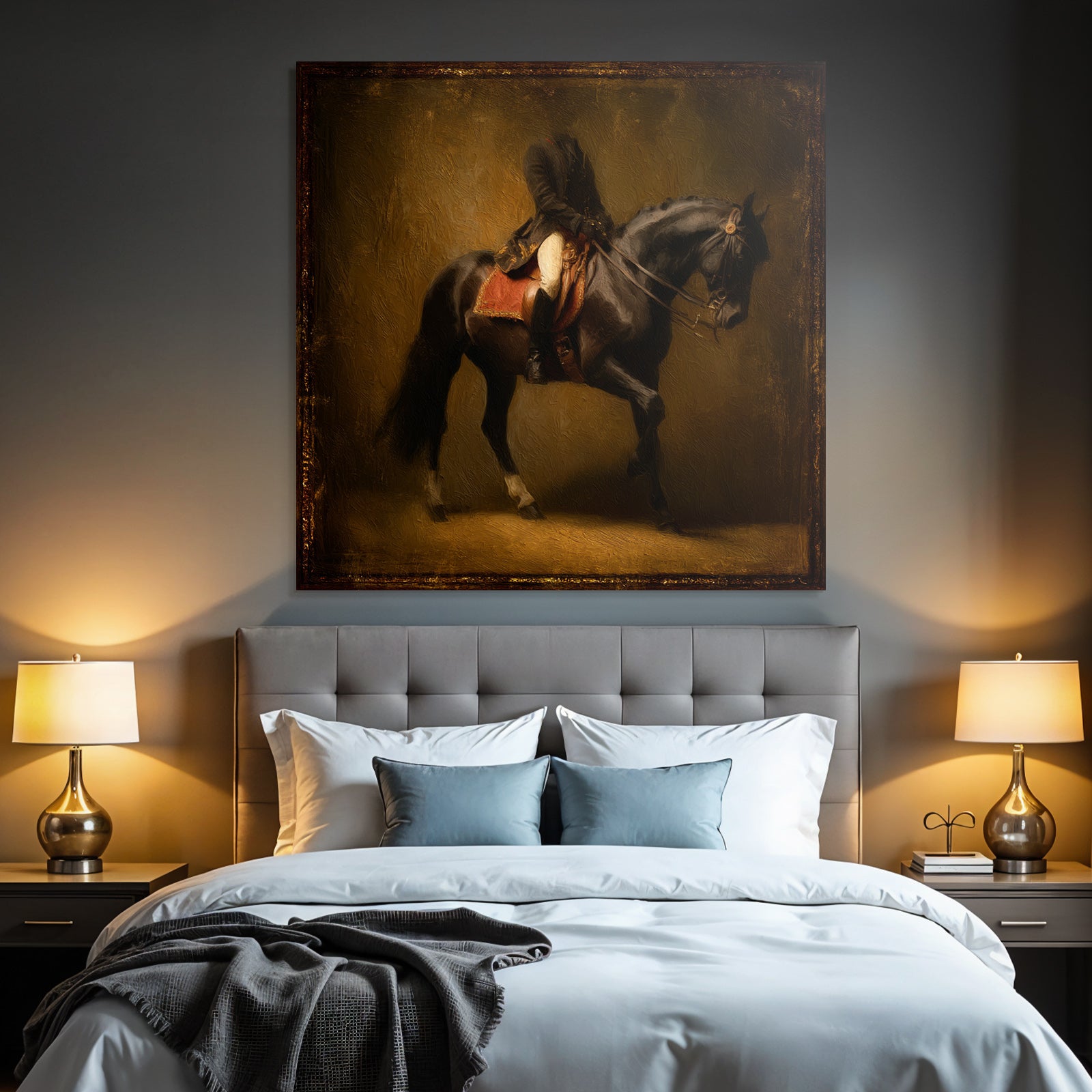 Rider on horse in motion art style with warm colors